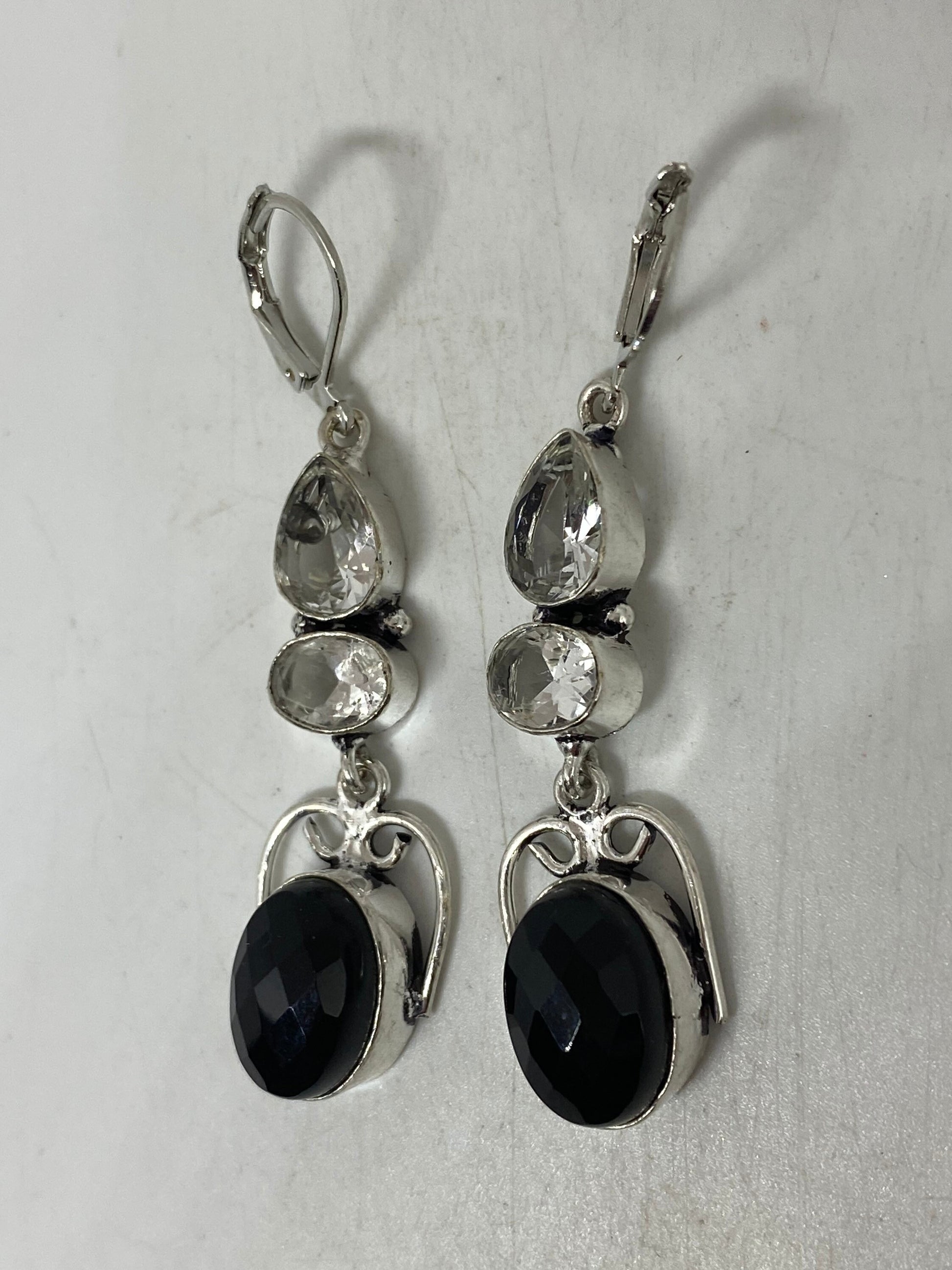 Antique Vintage Black Onyx 925 Silver Dangle LeverBack Earrings