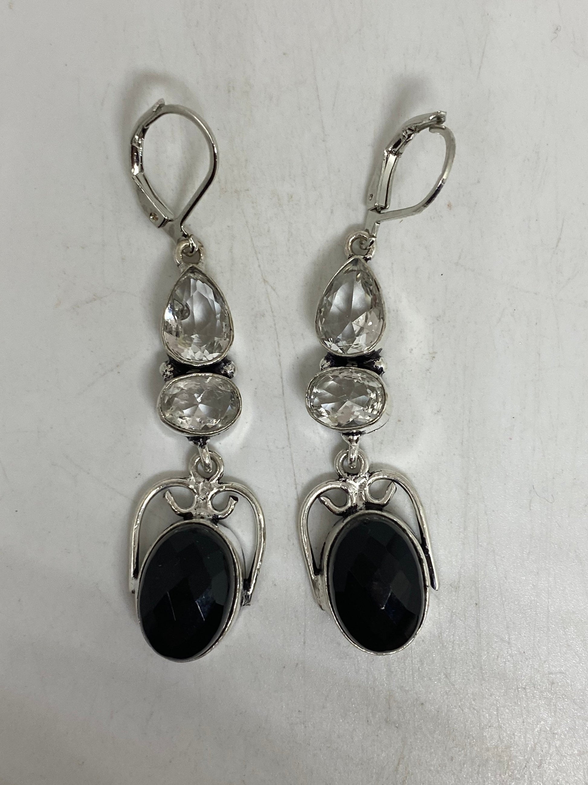 Antique Vintage Black Onyx 925 Silver Dangle LeverBack Earrings