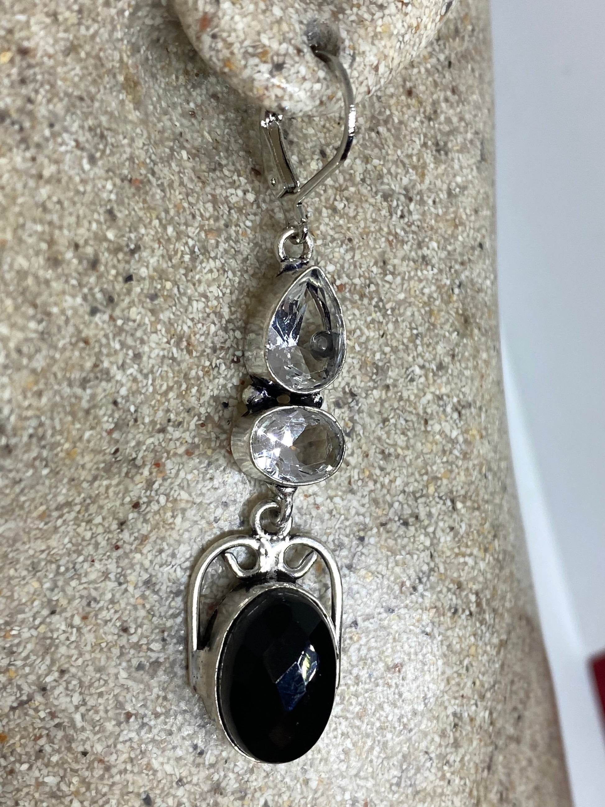 Antique Vintage Black Onyx 925 Silver Dangle LeverBack Earrings