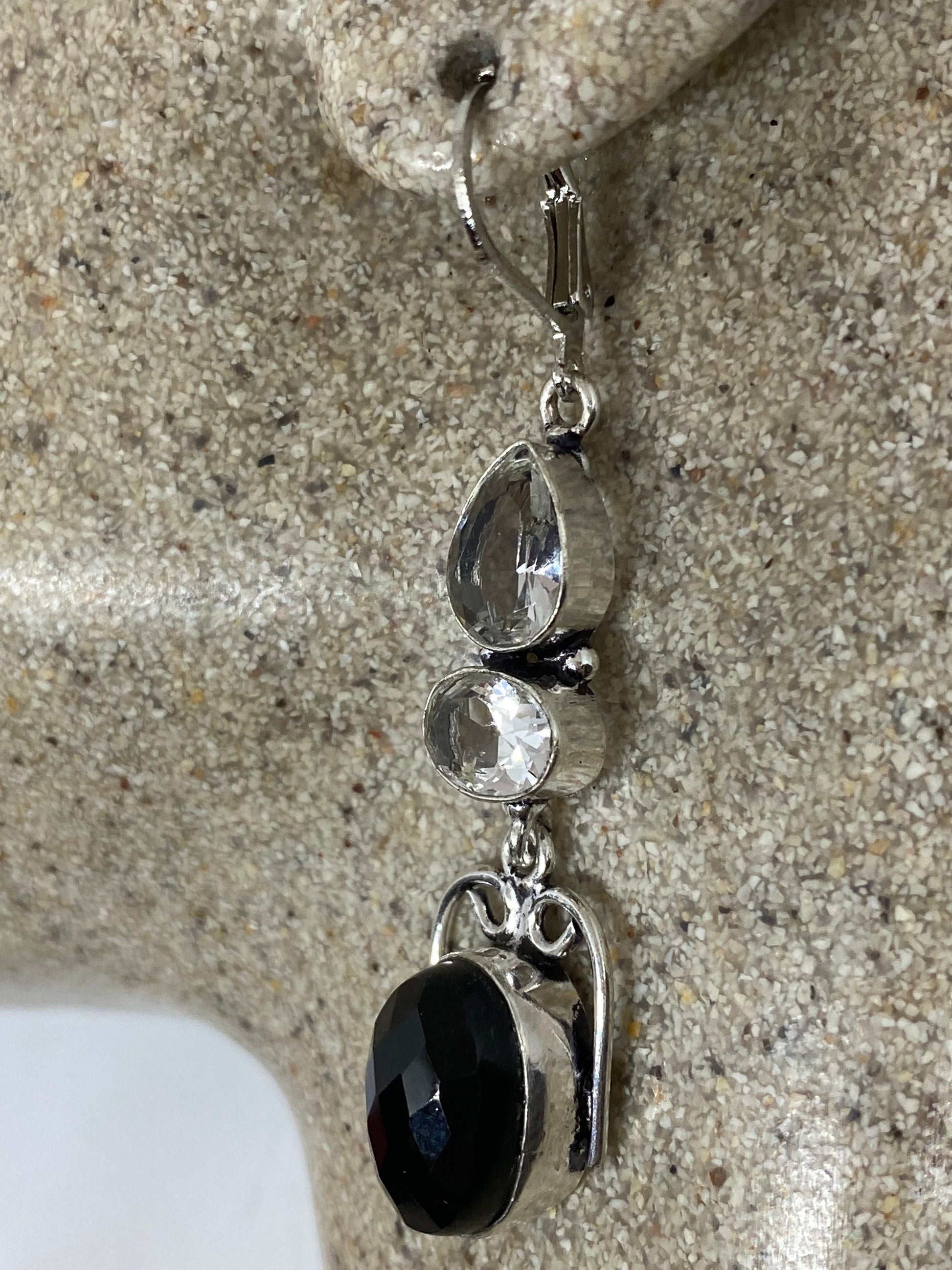 Antique Vintage Black Onyx 925 Silver Dangle LeverBack Earrings