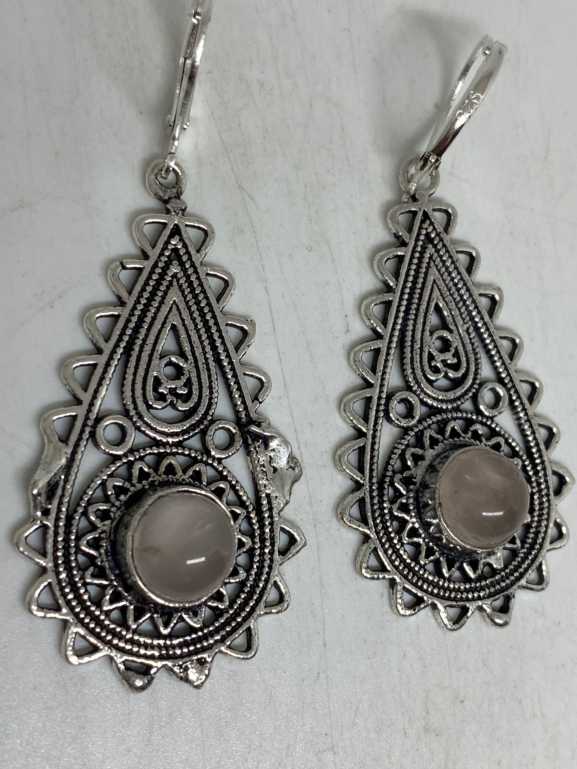 Vintage Rose Quartz Sterling Silver Lever Back Dangle Earrings