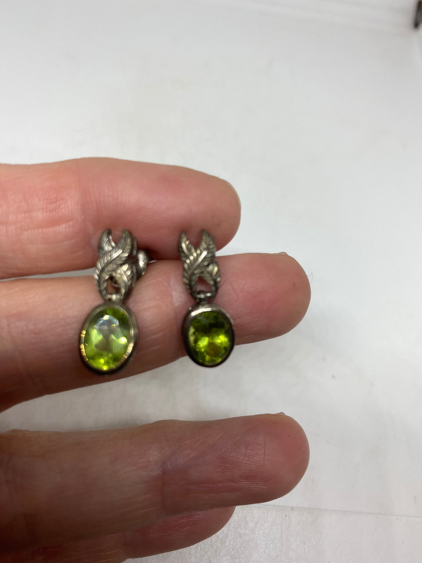 Vintage Handmade Sterling Silver Genuine Green Peridot Stud Earrings