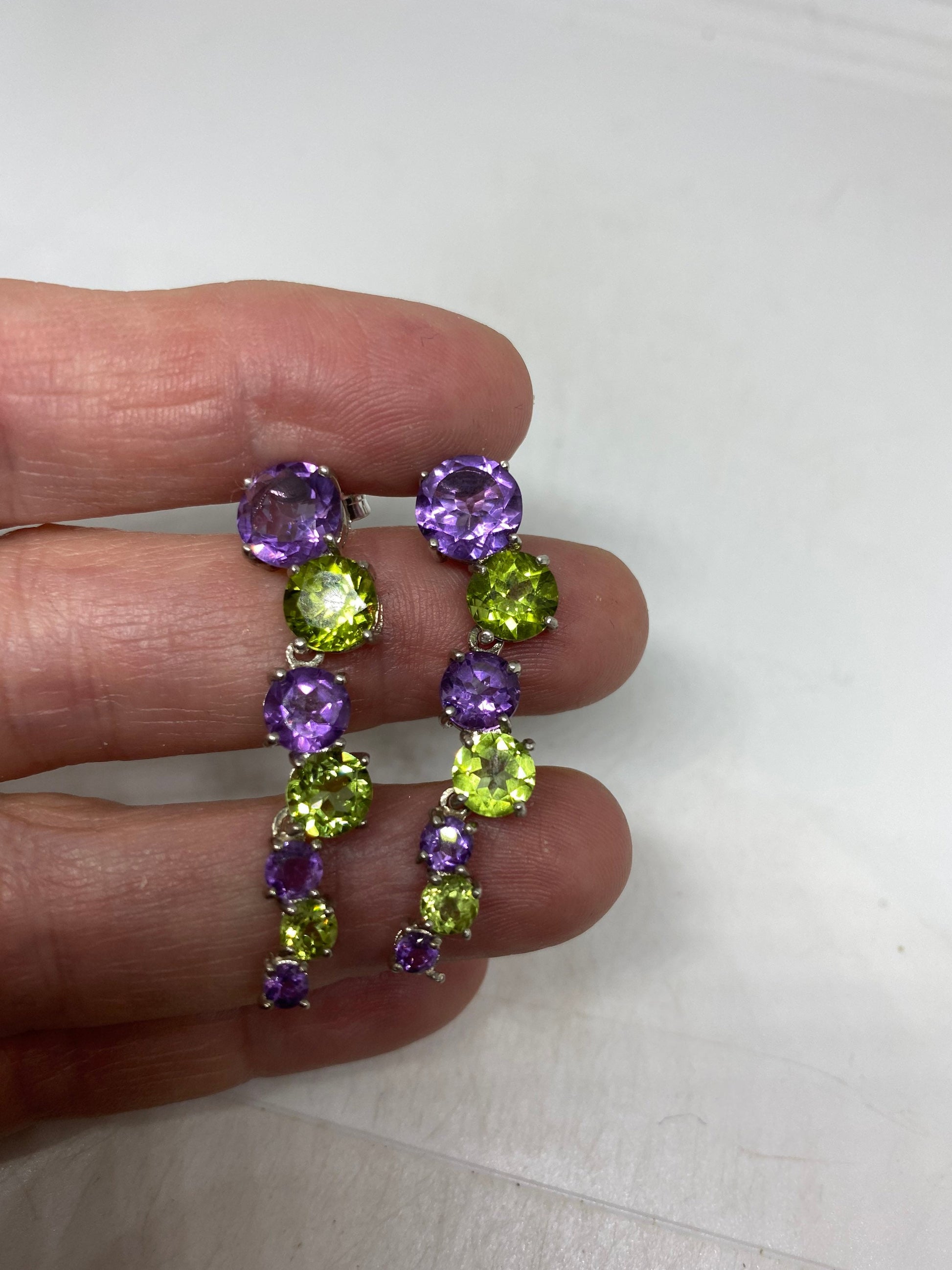 Vintage Sterling Silver Green Peridot Amethyst Chandelier Earrings