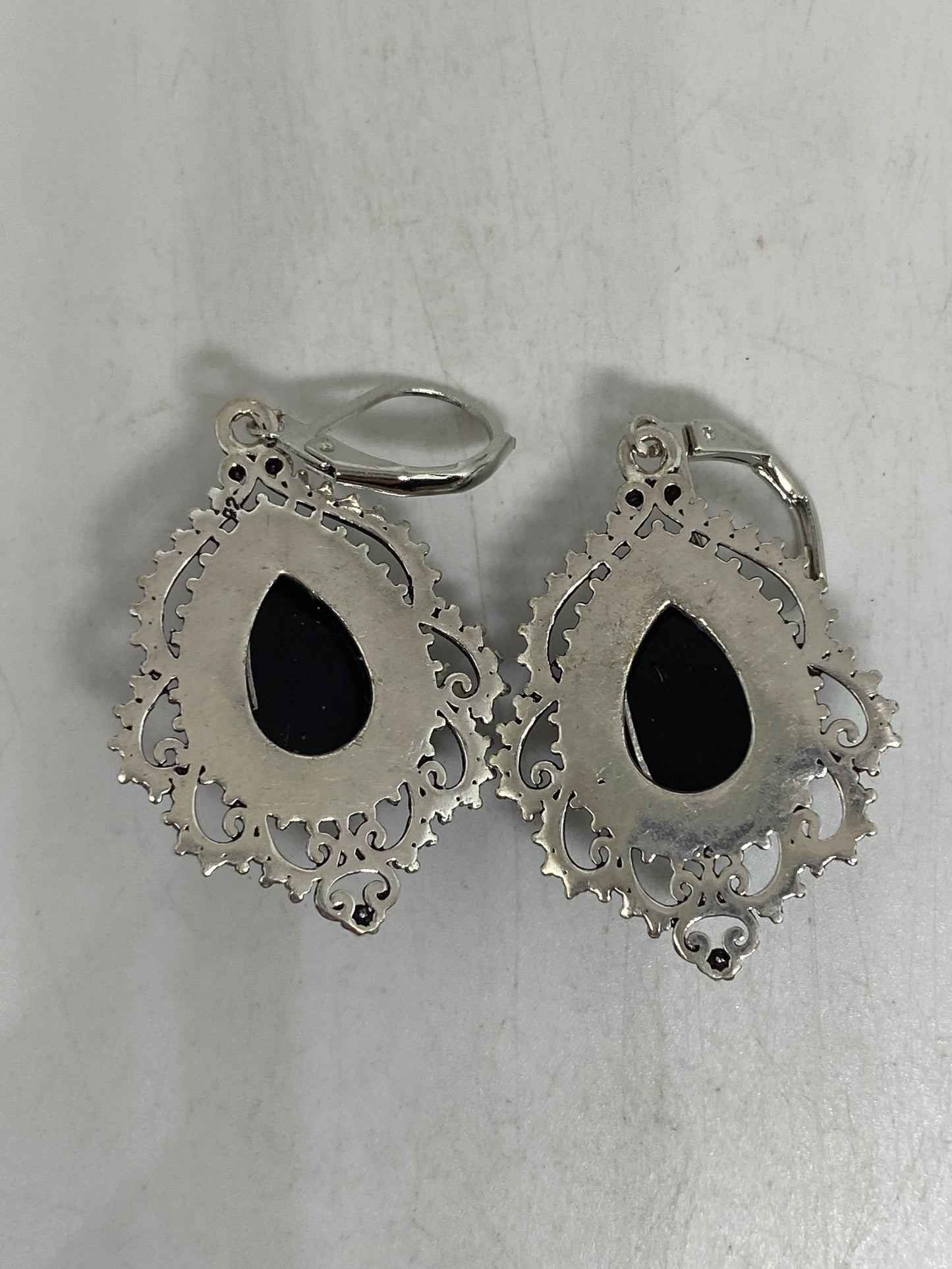 Antique Vintage Black Onyx 925 Silver Dangle LeverBack Earrings