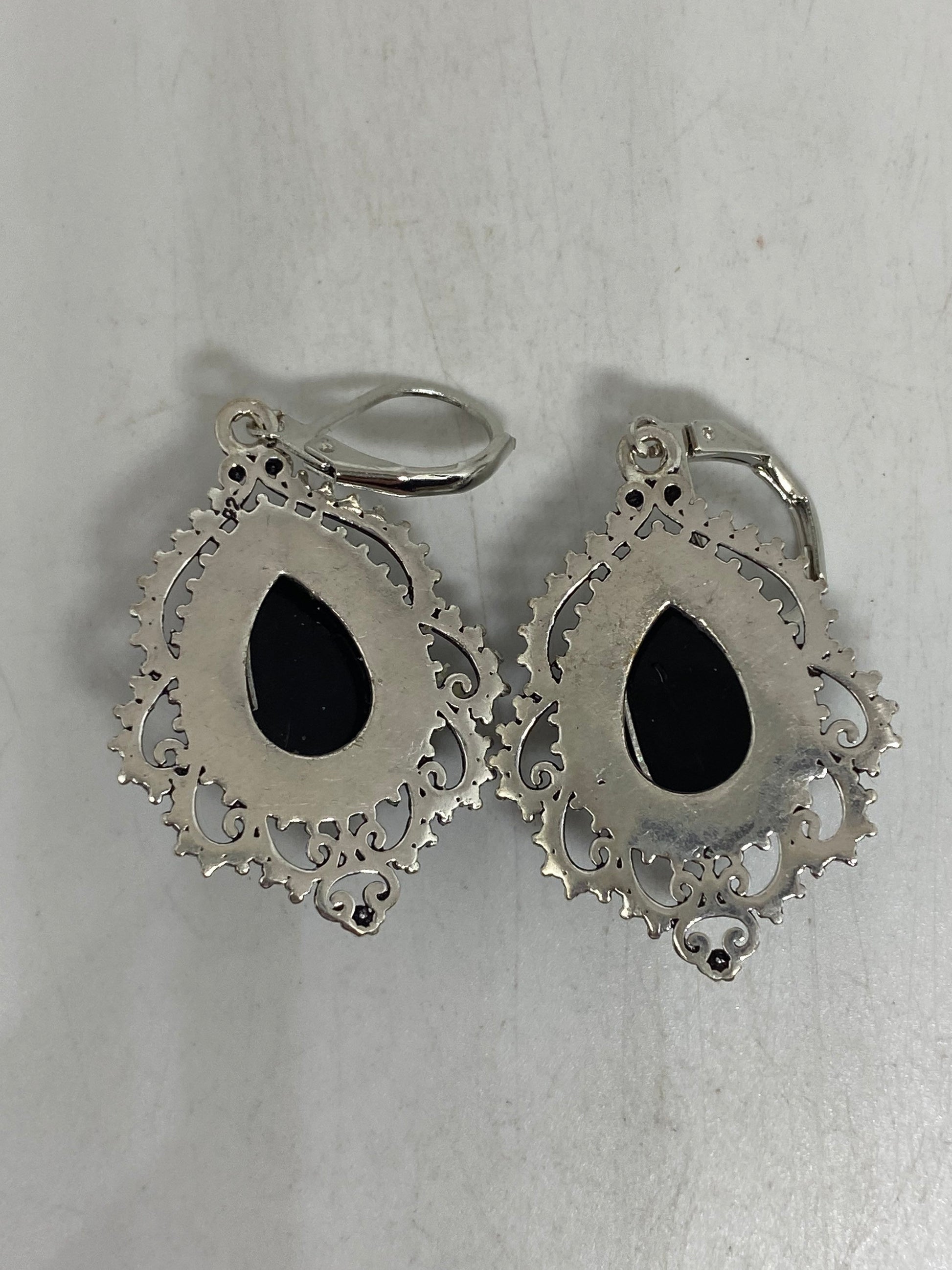 Antique Vintage Black Onyx 925 Silver Dangle LeverBack Earrings