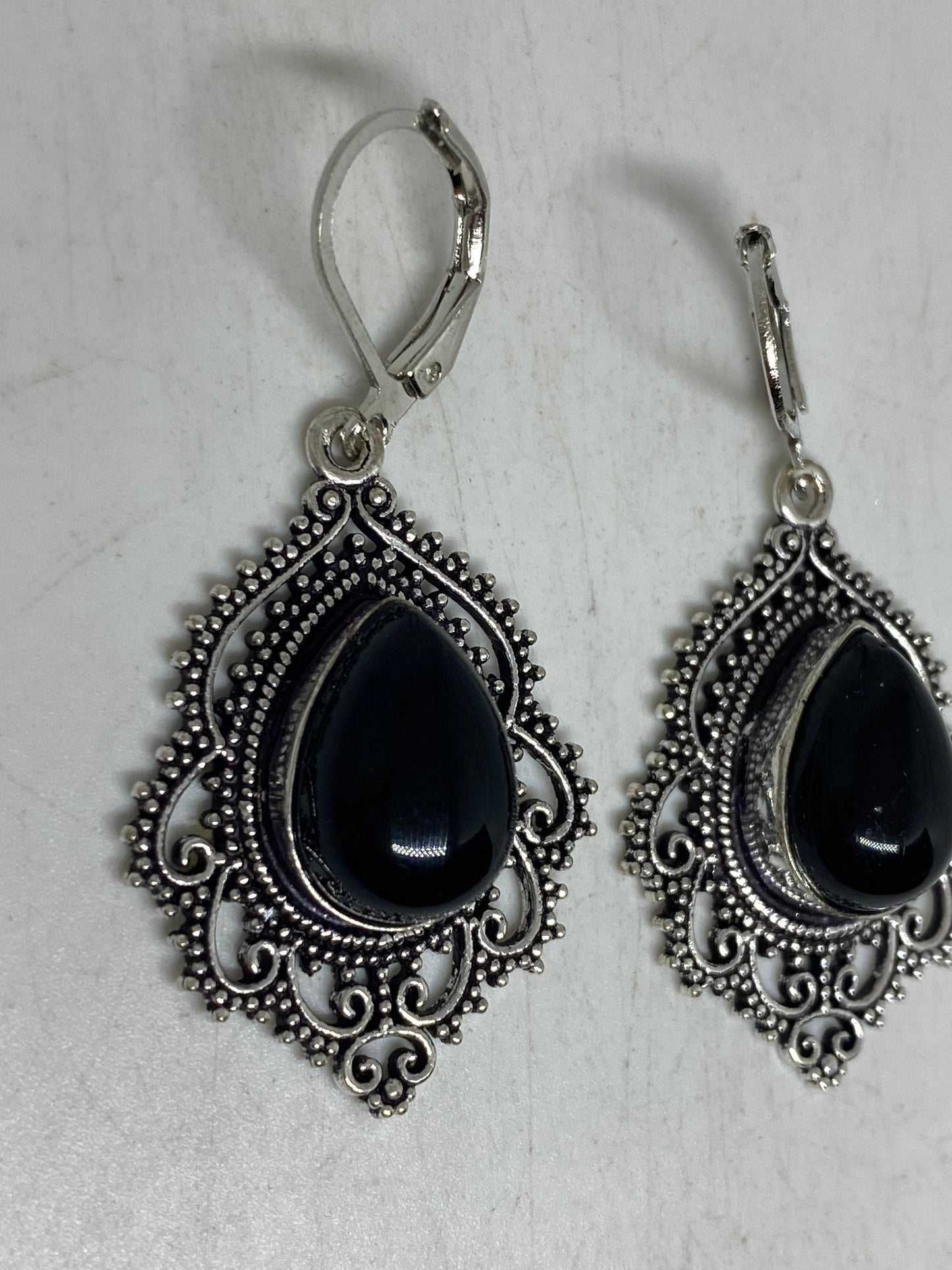 Antique Vintage Black Onyx 925 Silver Dangle LeverBack Earrings