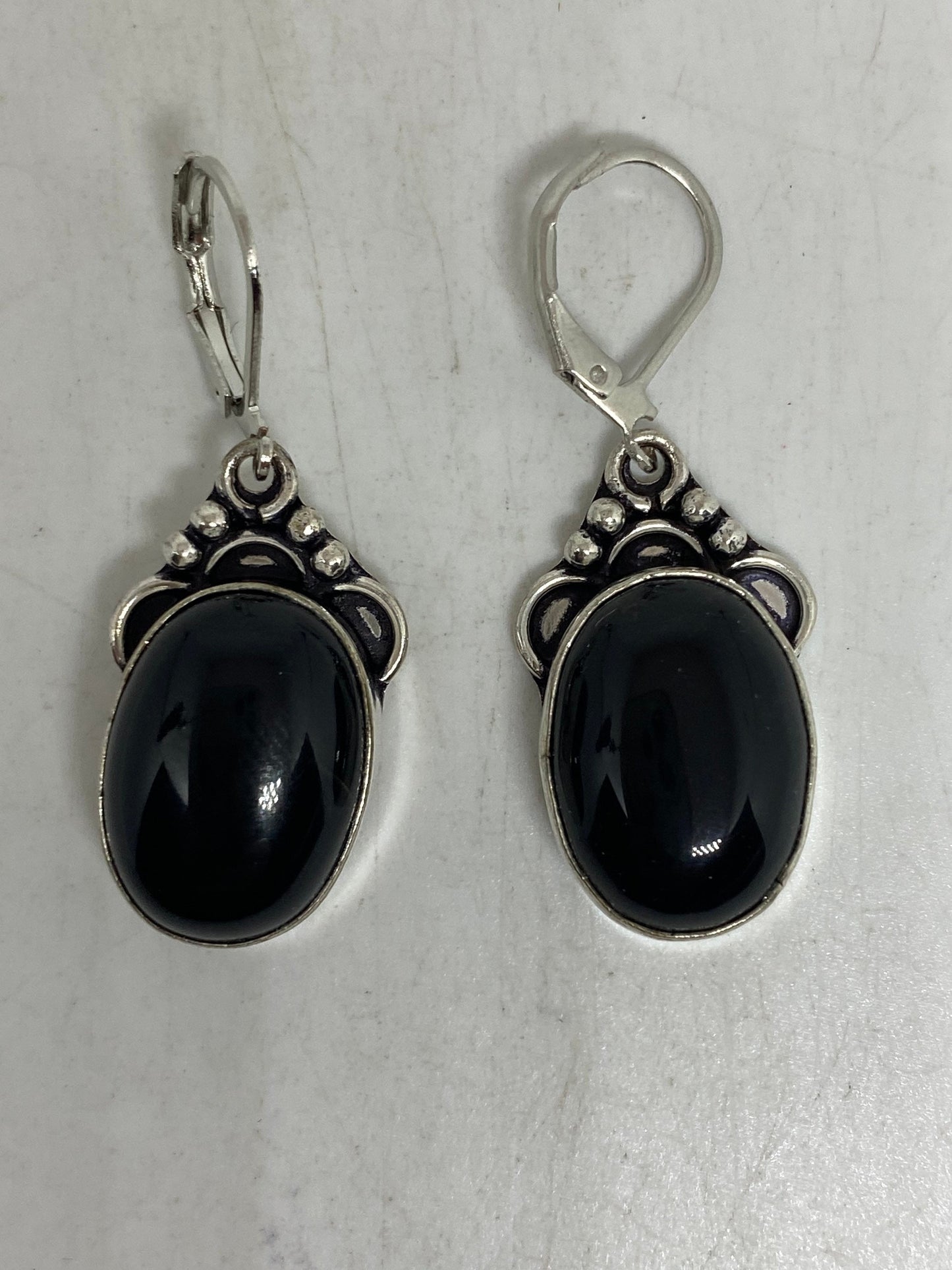 Antique Vintage Black Onyx 925 Silver Dangle LeverBack Earrings