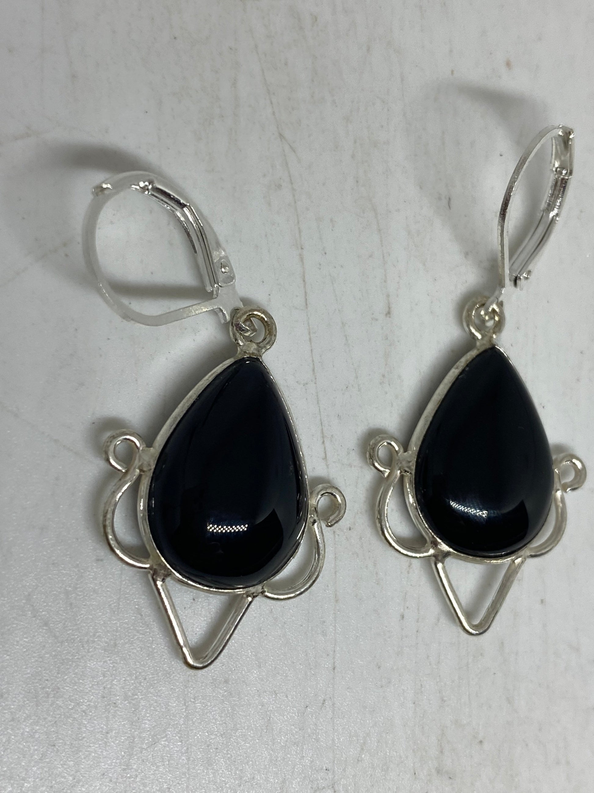 Antique Vintage Black Onyx 925 Silver Dangle LeverBack Earrings