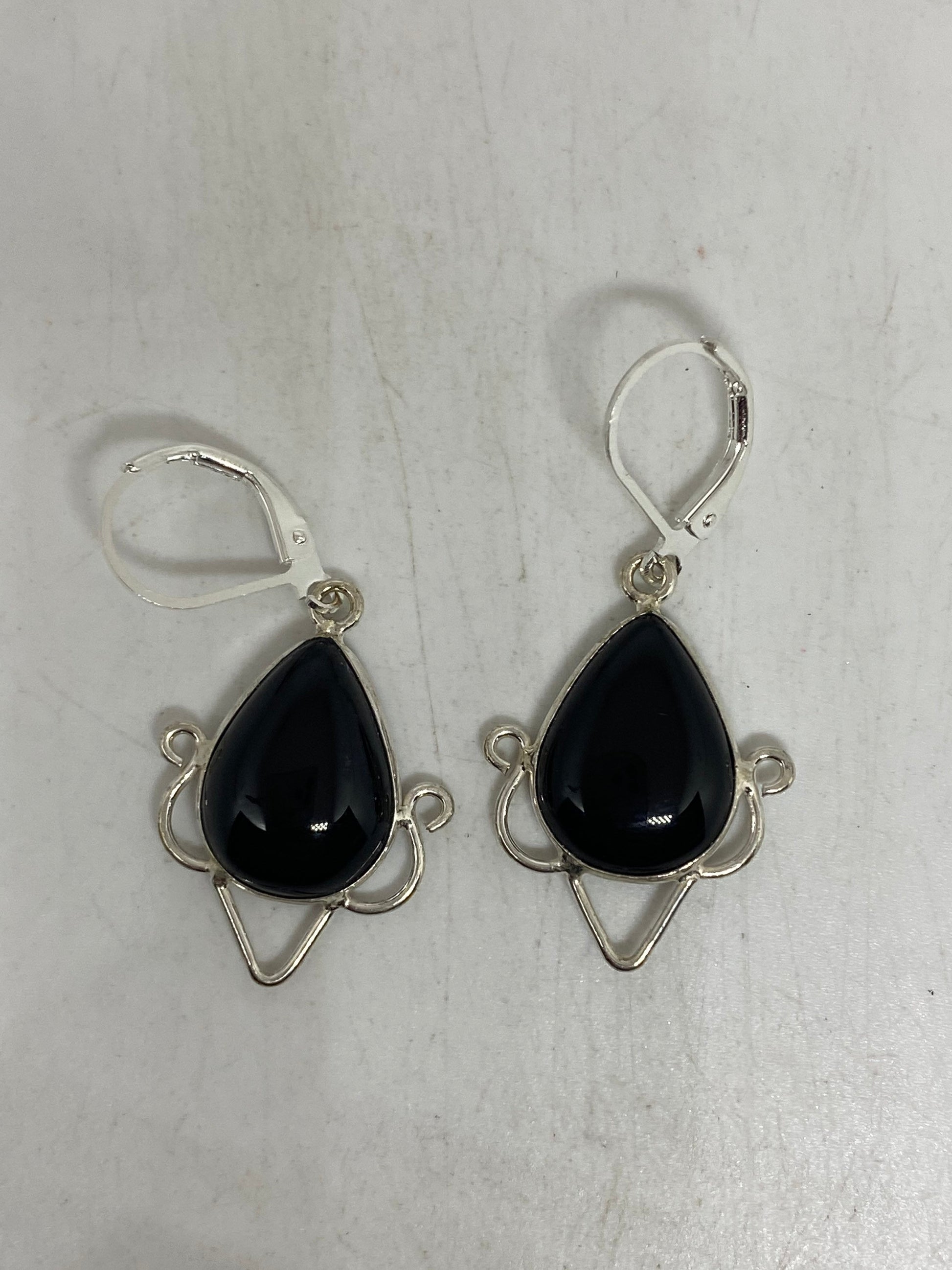 Antique Vintage Black Onyx 925 Silver Dangle LeverBack Earrings