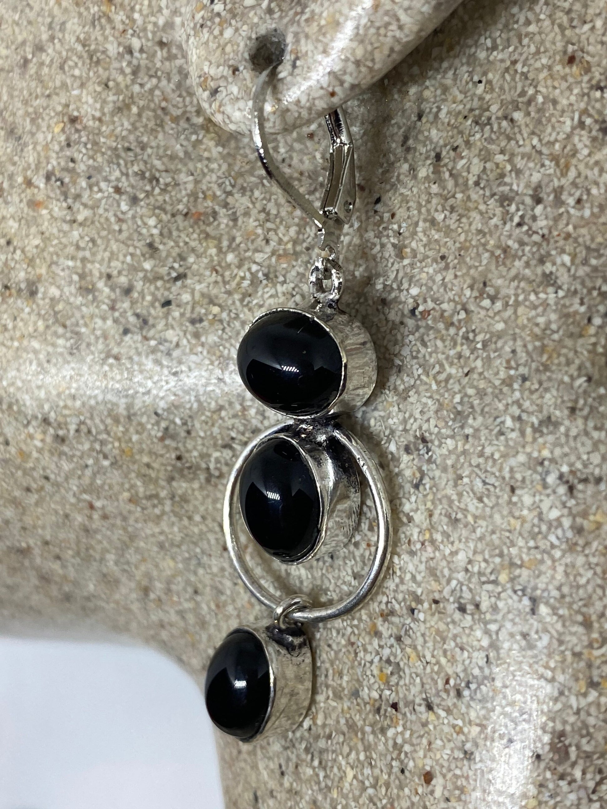 Antique Vintage Black Onyx 925 Silver Dangle LeverBack Earrings