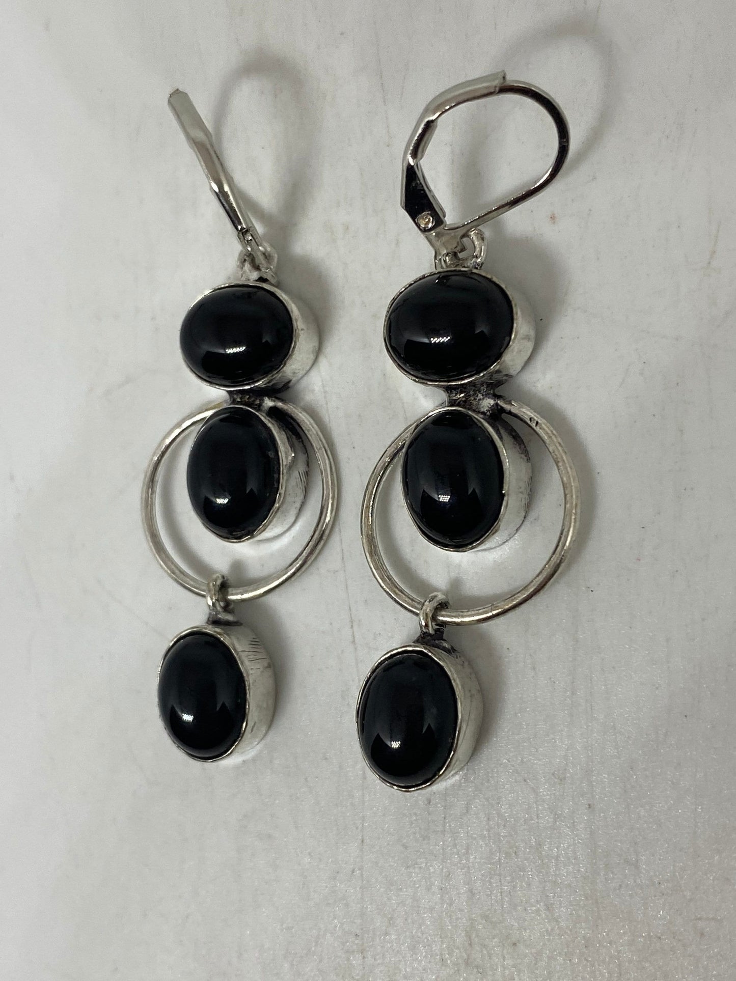 Antique Vintage Black Onyx 925 Silver Dangle LeverBack Earrings