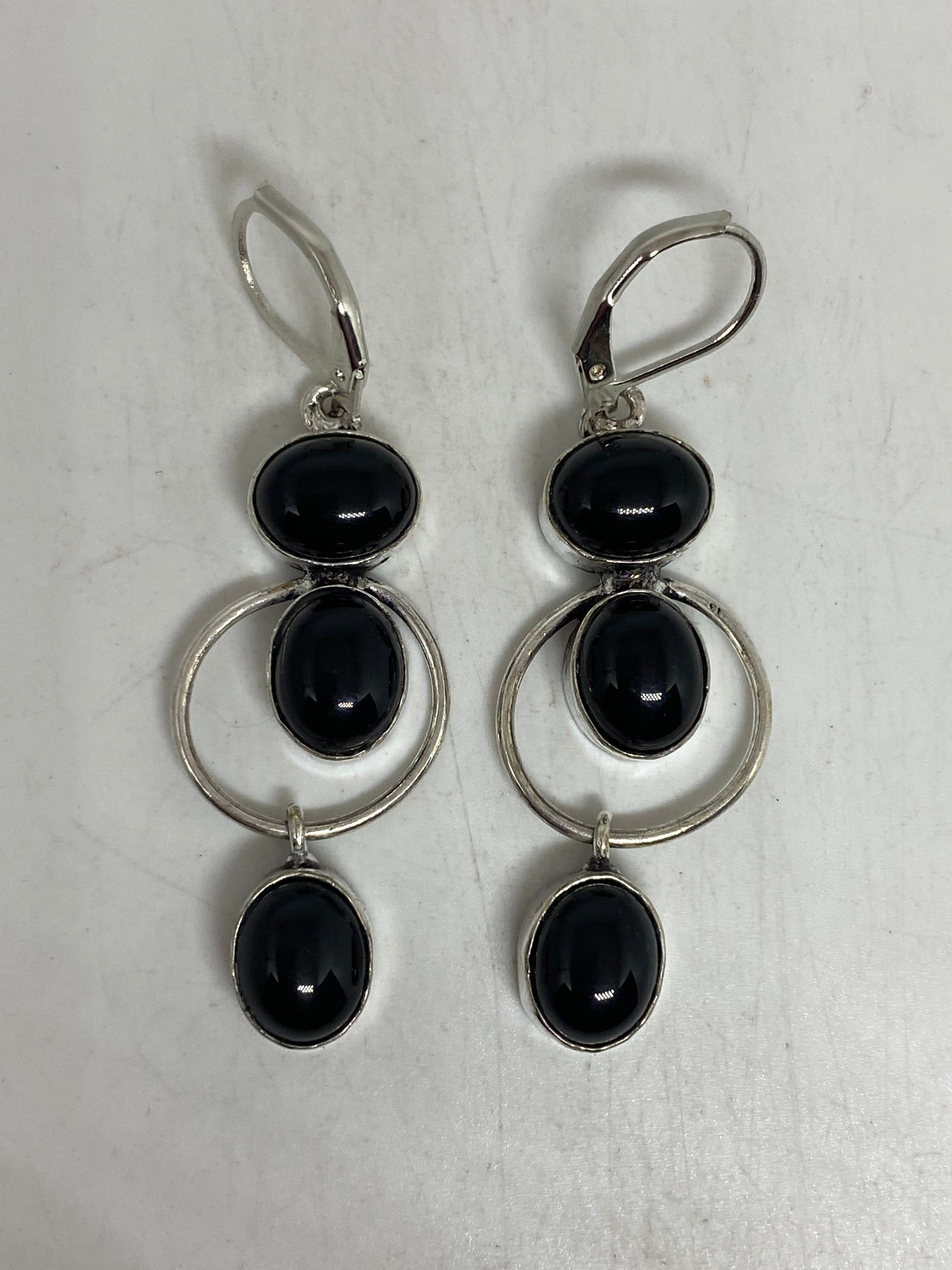 Antique Vintage Black Onyx 925 Silver Dangle LeverBack Earrings