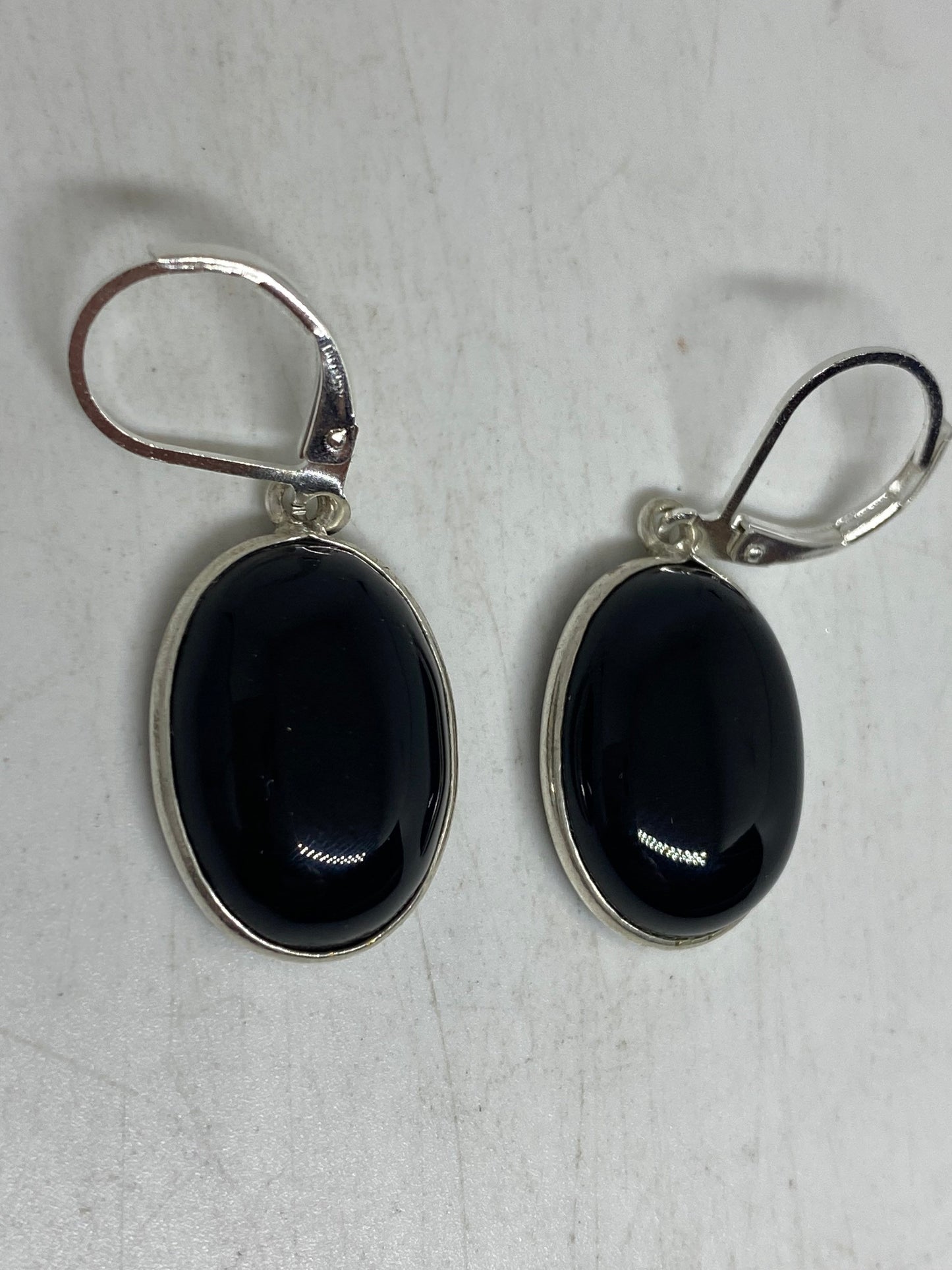 Antique Vintage Black Onyx 925 Silver Dangle LeverBack Earrings