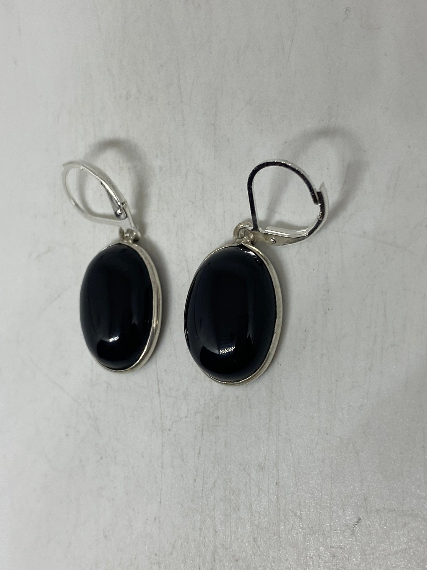 Antique Vintage Black Onyx 925 Silver Dangle LeverBack Earrings