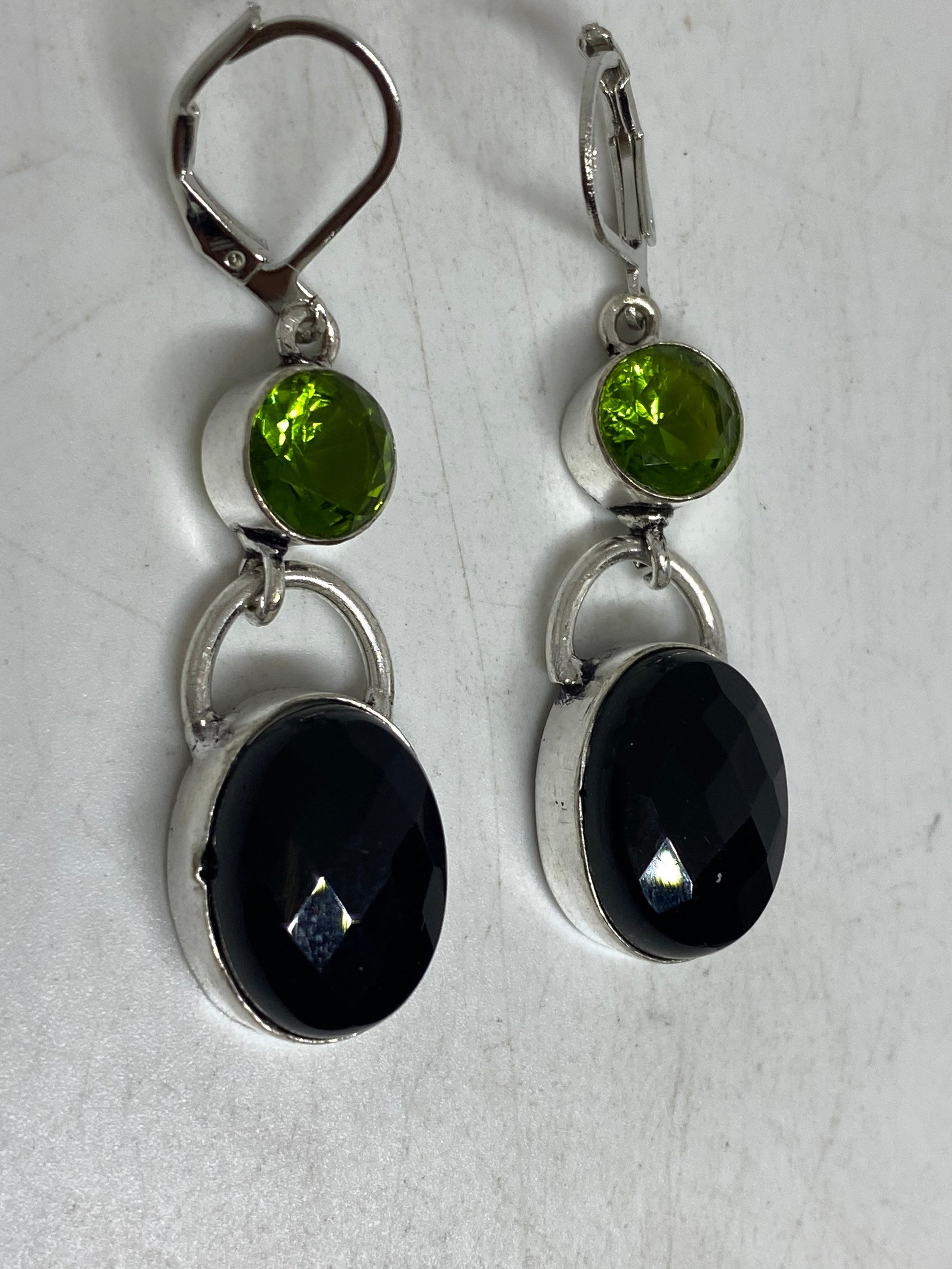 Antique Vintage Black Onyx 925 Silver Dangle LeverBack Earrings