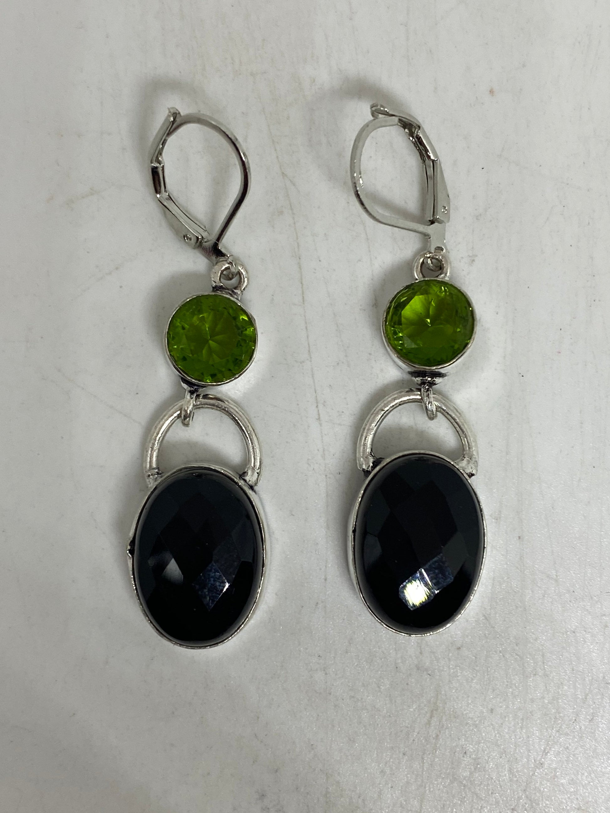 Antique Vintage Black Onyx 925 Silver Dangle LeverBack Earrings