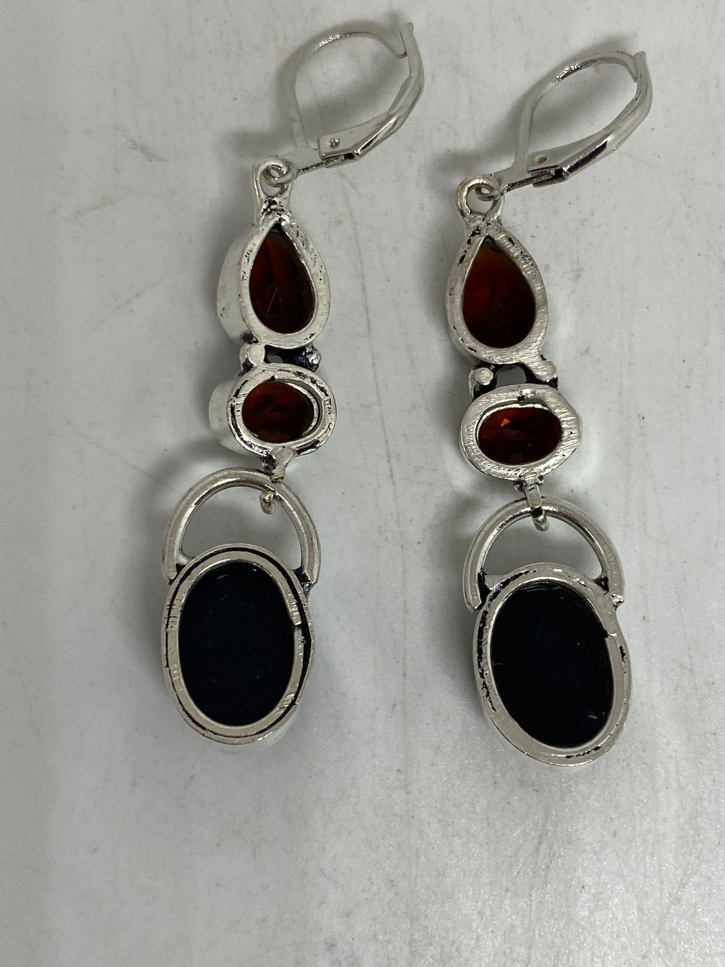 Antique Vintage Black Onyx 925 Silver Dangle LeverBack Earrings