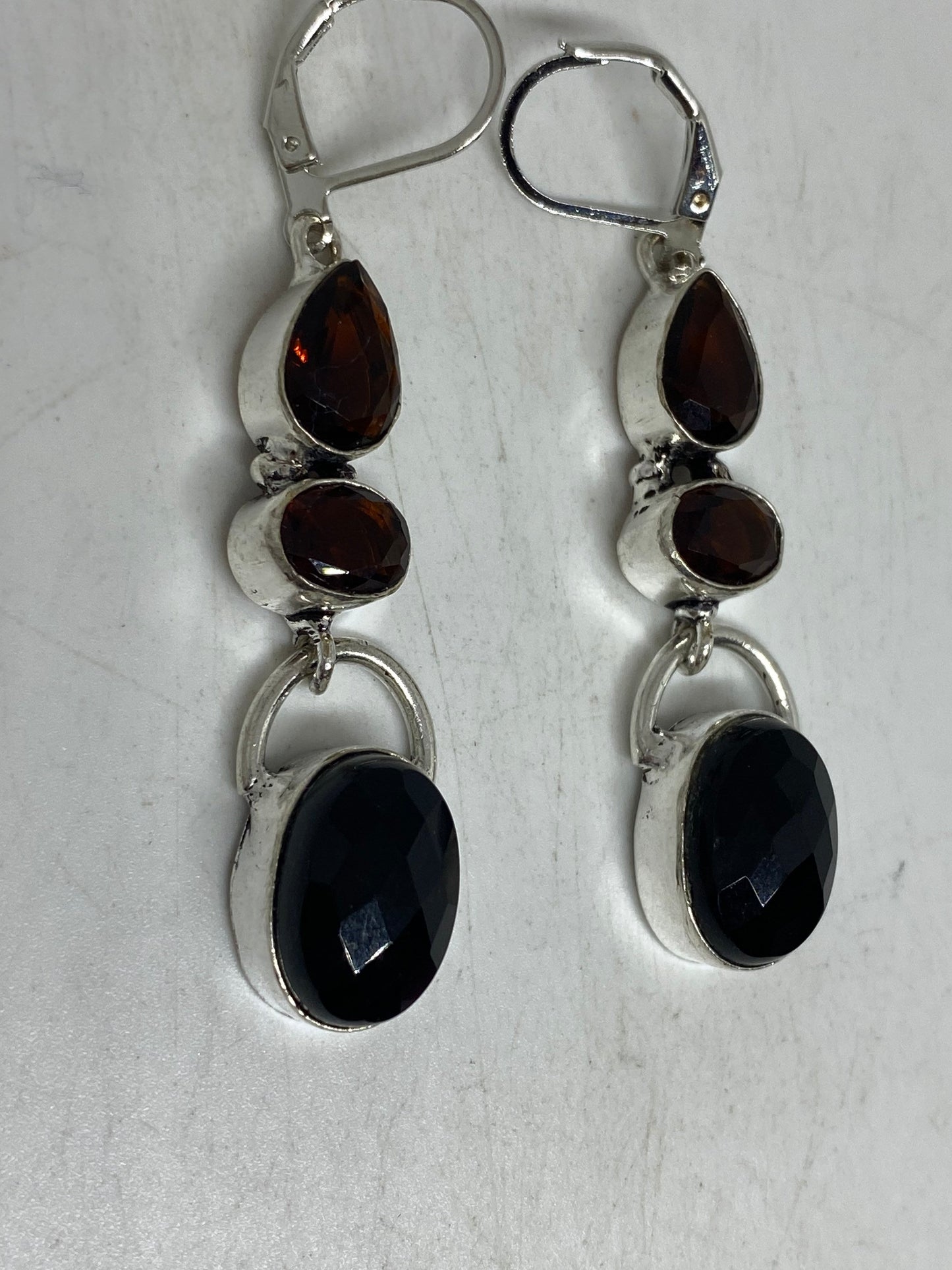 Antique Vintage Black Onyx 925 Silver Dangle LeverBack Earrings