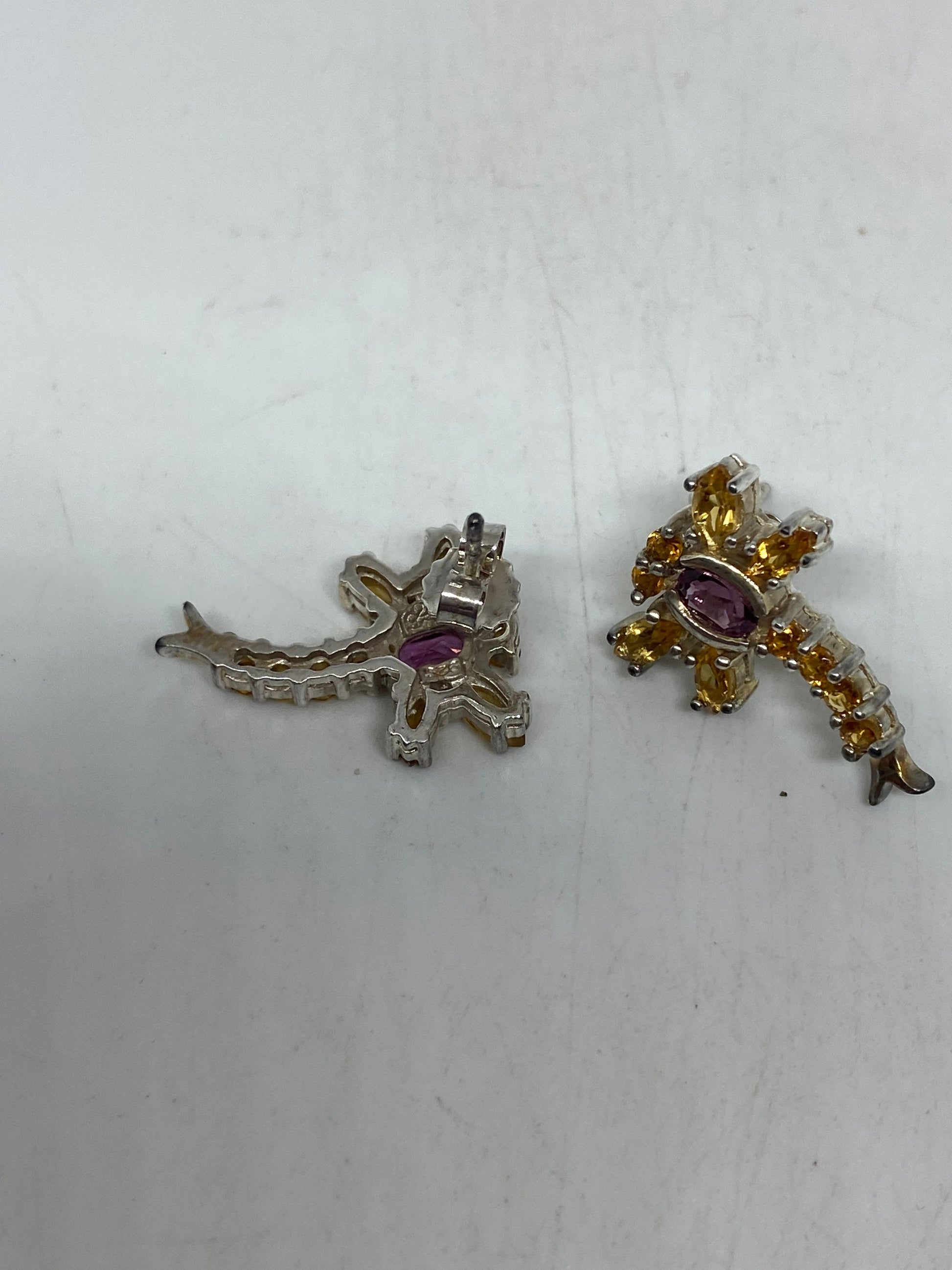 Vintage Citrine and Red Tourmaline Dragonfly Earrings 925 Sterling Silver Deco Button Studs