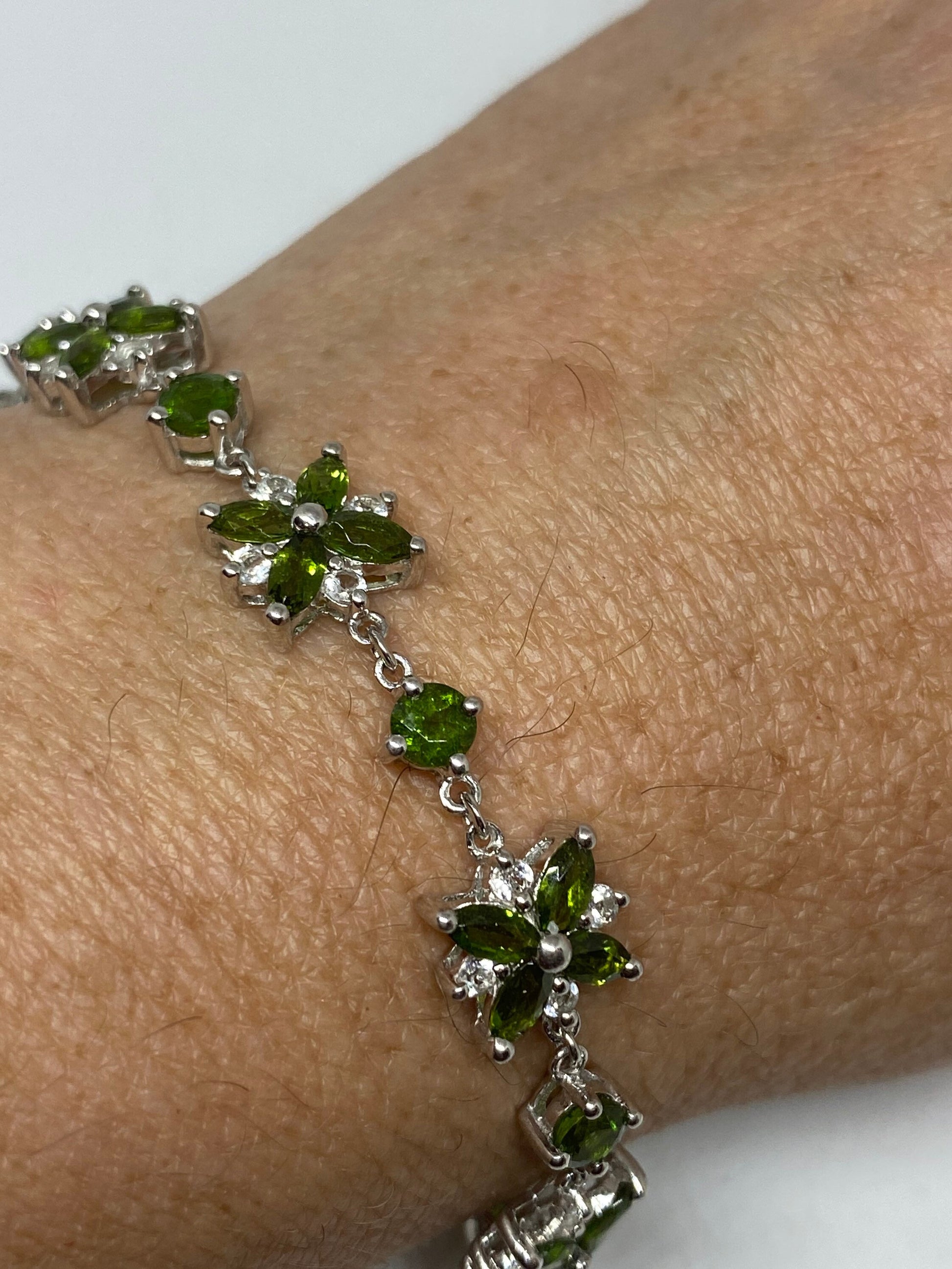 Vintage Victorian Style Sterling Silver Filigree Green Chrome Diopside Bracelet