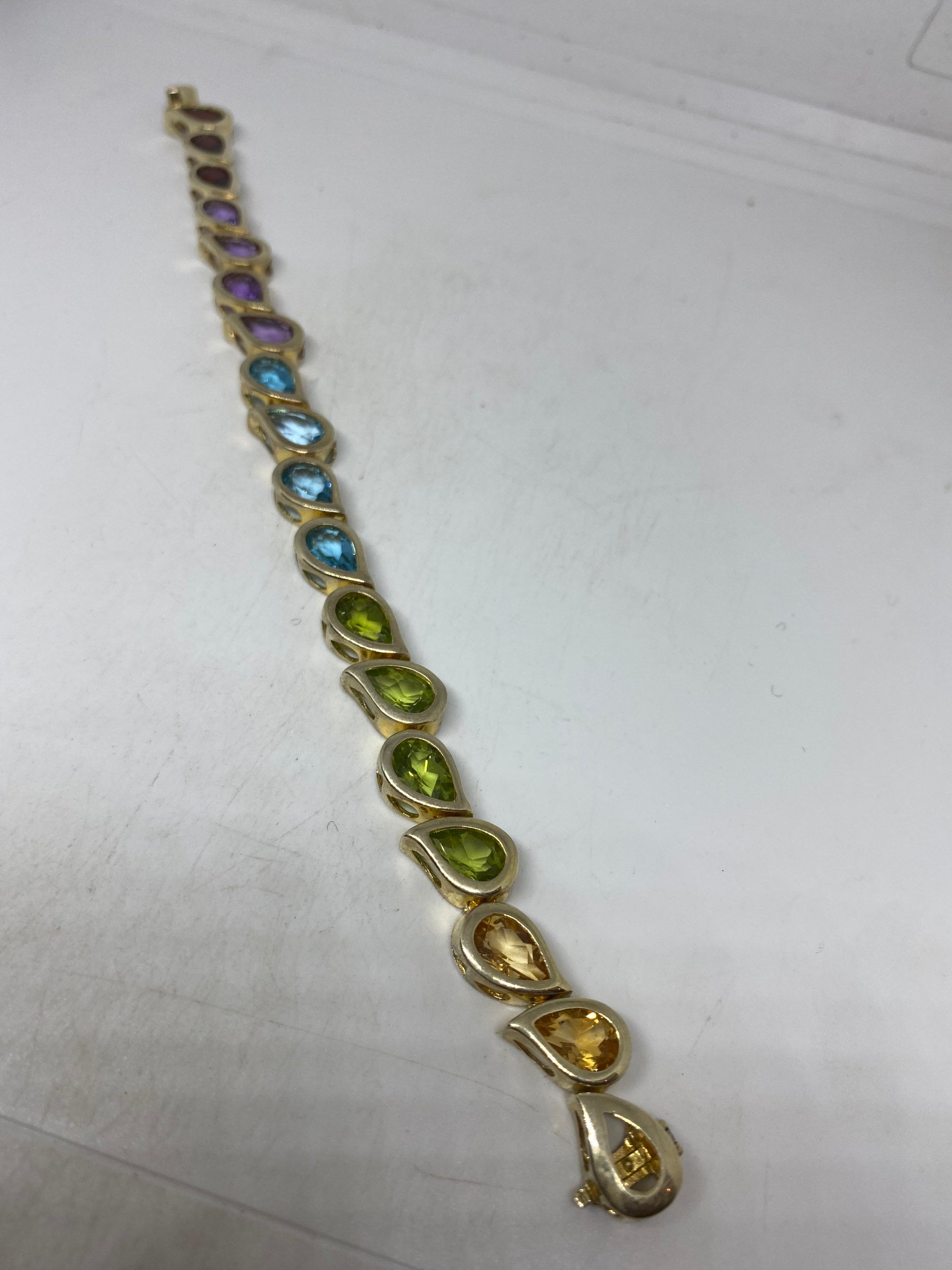 Vintage Genuine Mixed Gemstones Sterling Silver Tennis Bracelet