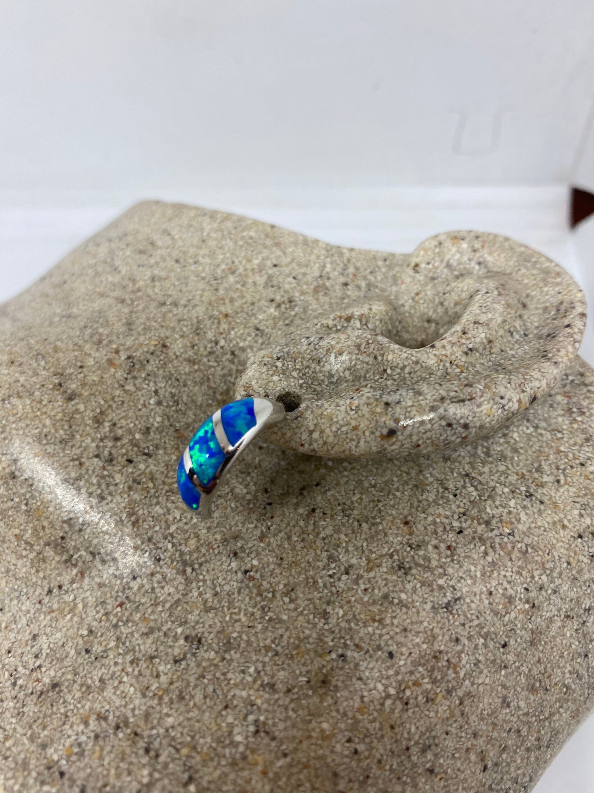 Vintage Blue Opal Earrings Cubic zirconia 925 Sterling Silver Hoop Dangle