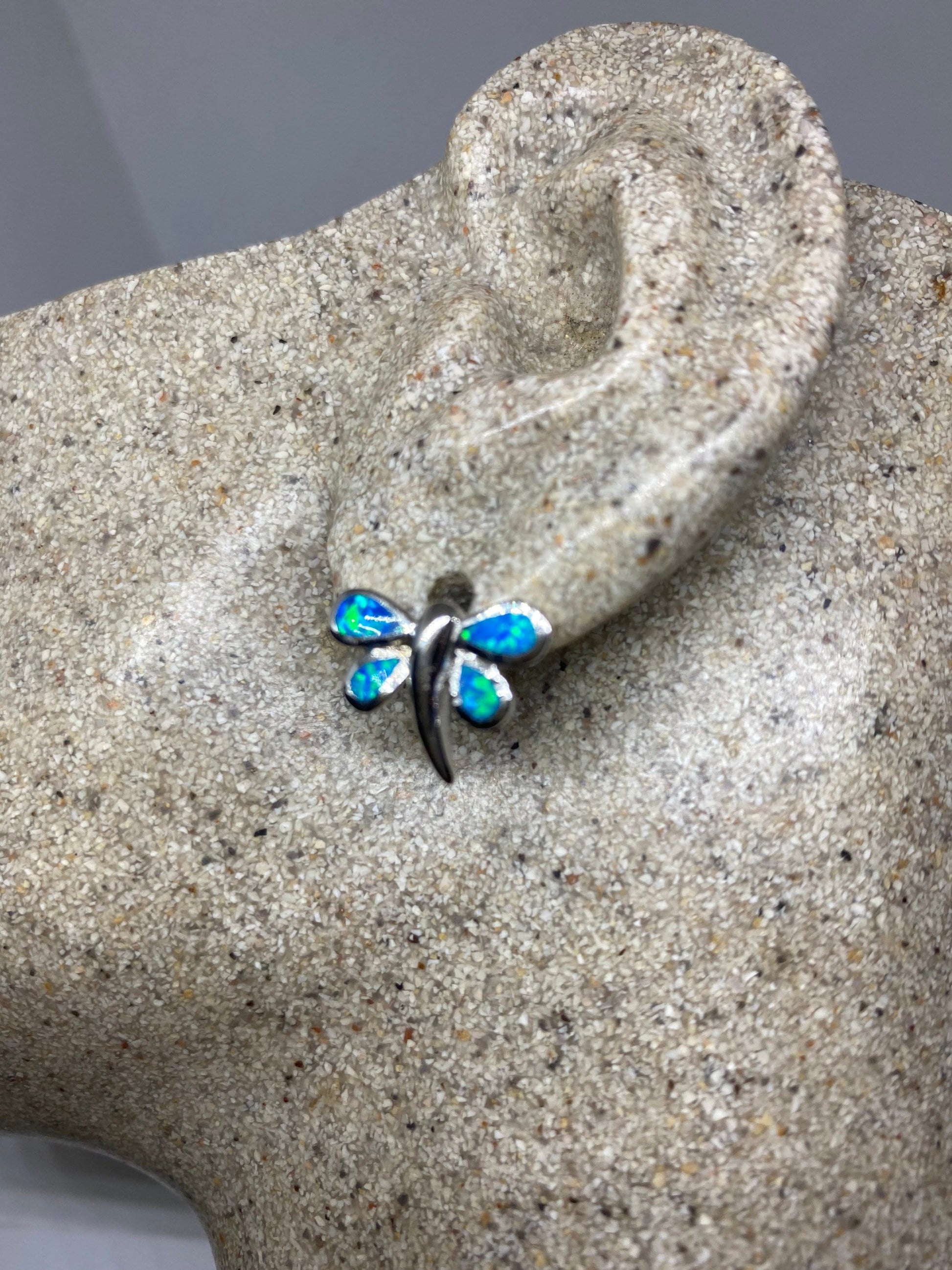 Vintage Blue Opal Dragonfly Earrings 925 Sterling Silver Stud Button