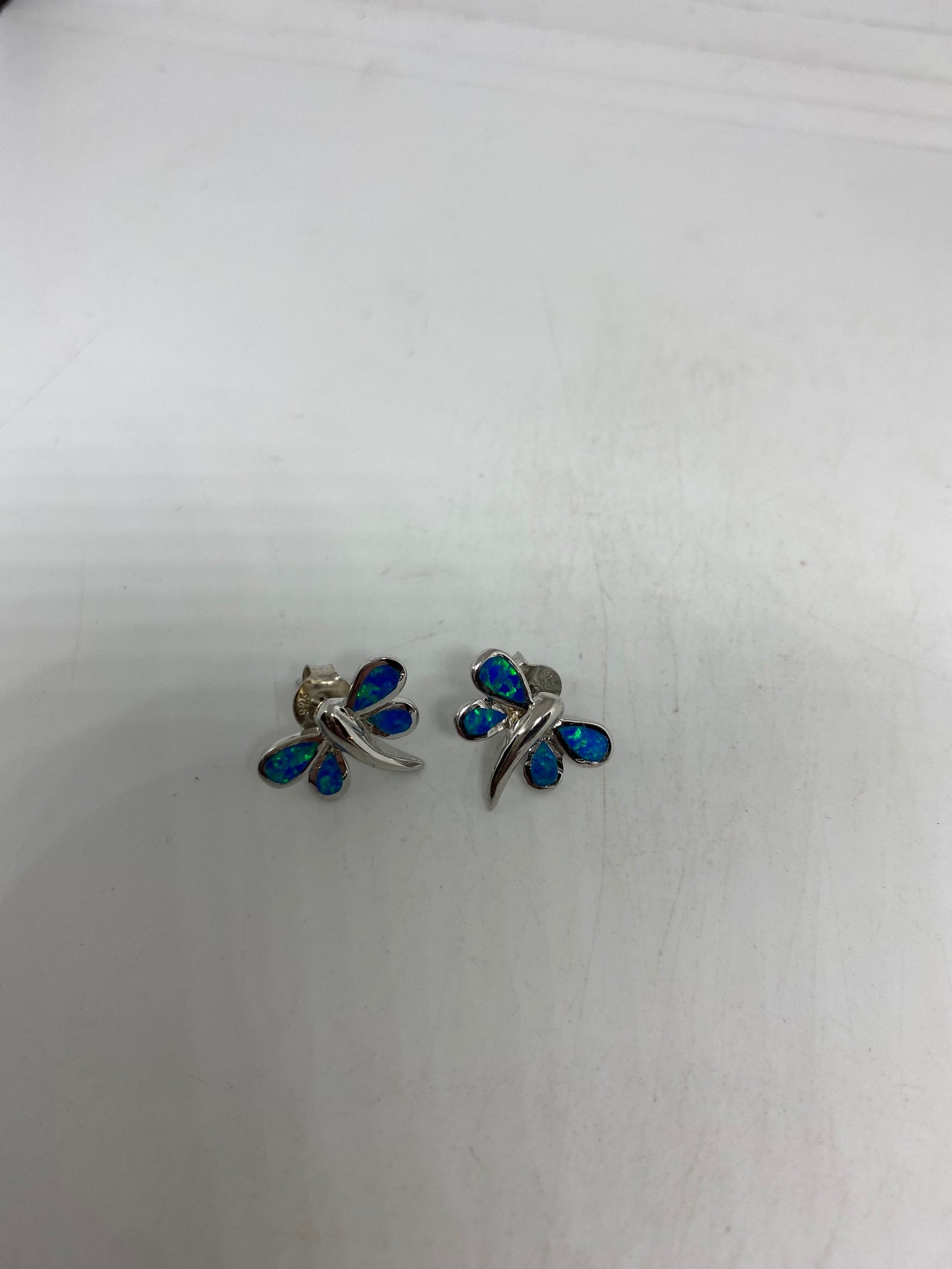 Vintage Blue Opal Dragonfly Earrings 925 Sterling Silver Stud Button