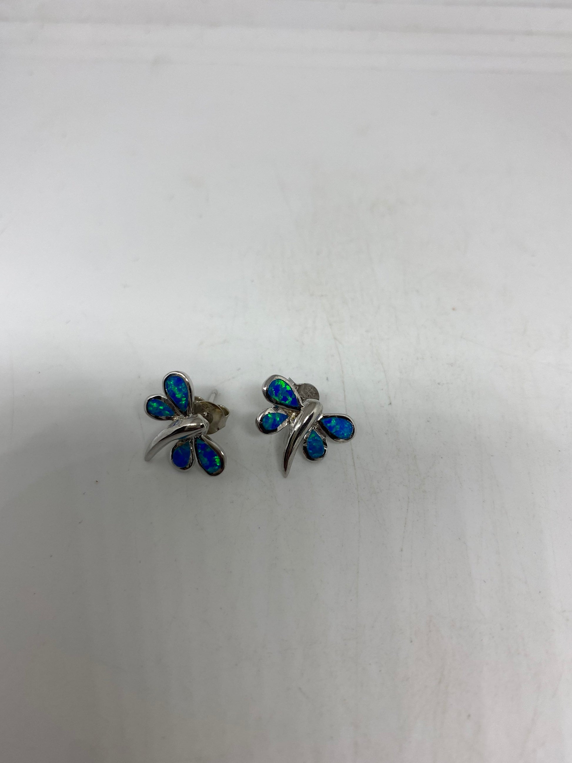 Vintage Blue Opal Dragonfly Earrings 925 Sterling Silver Stud Button