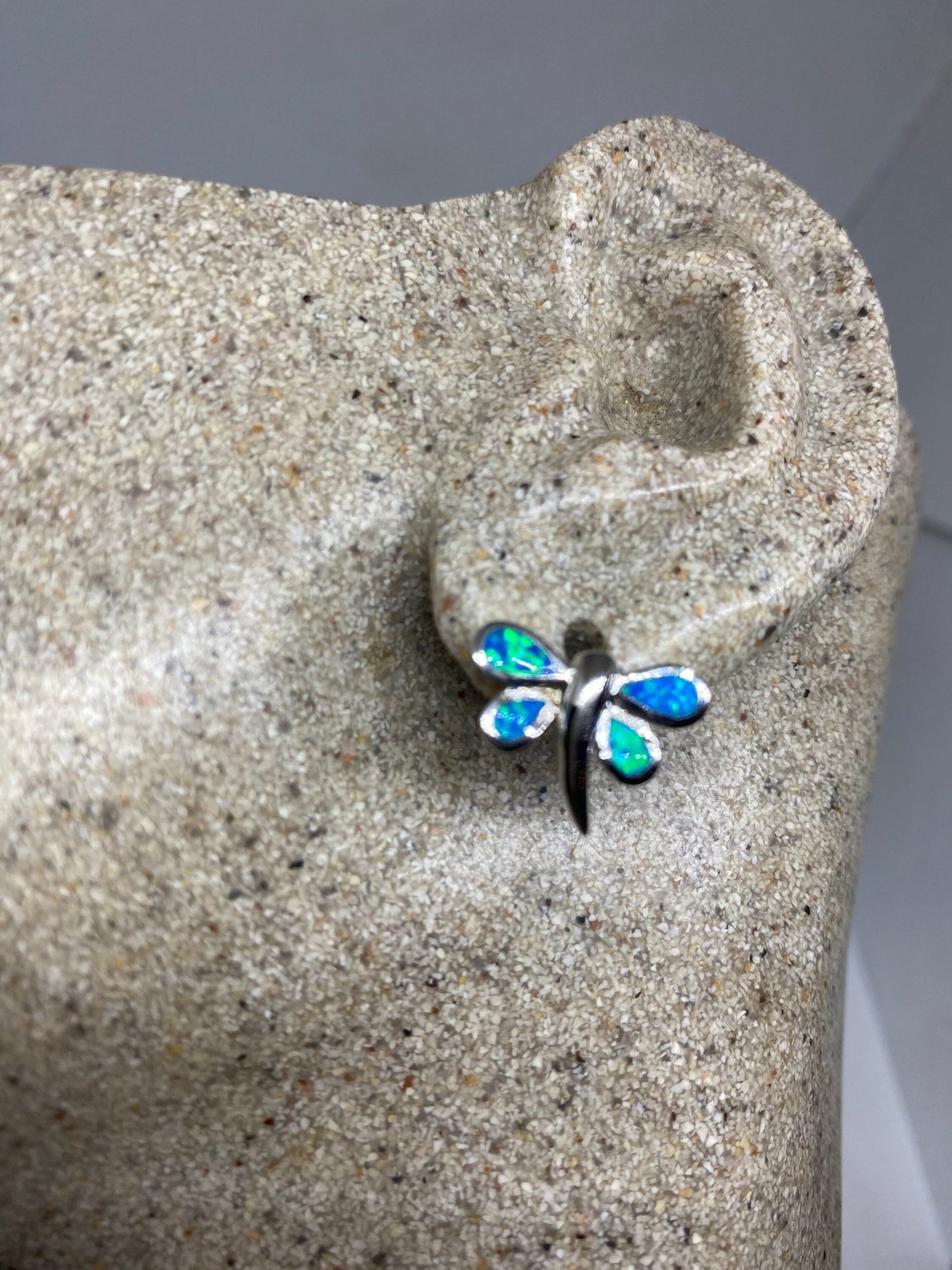 Vintage Blue Opal Dragonfly Earrings 925 Sterling Silver Stud Button