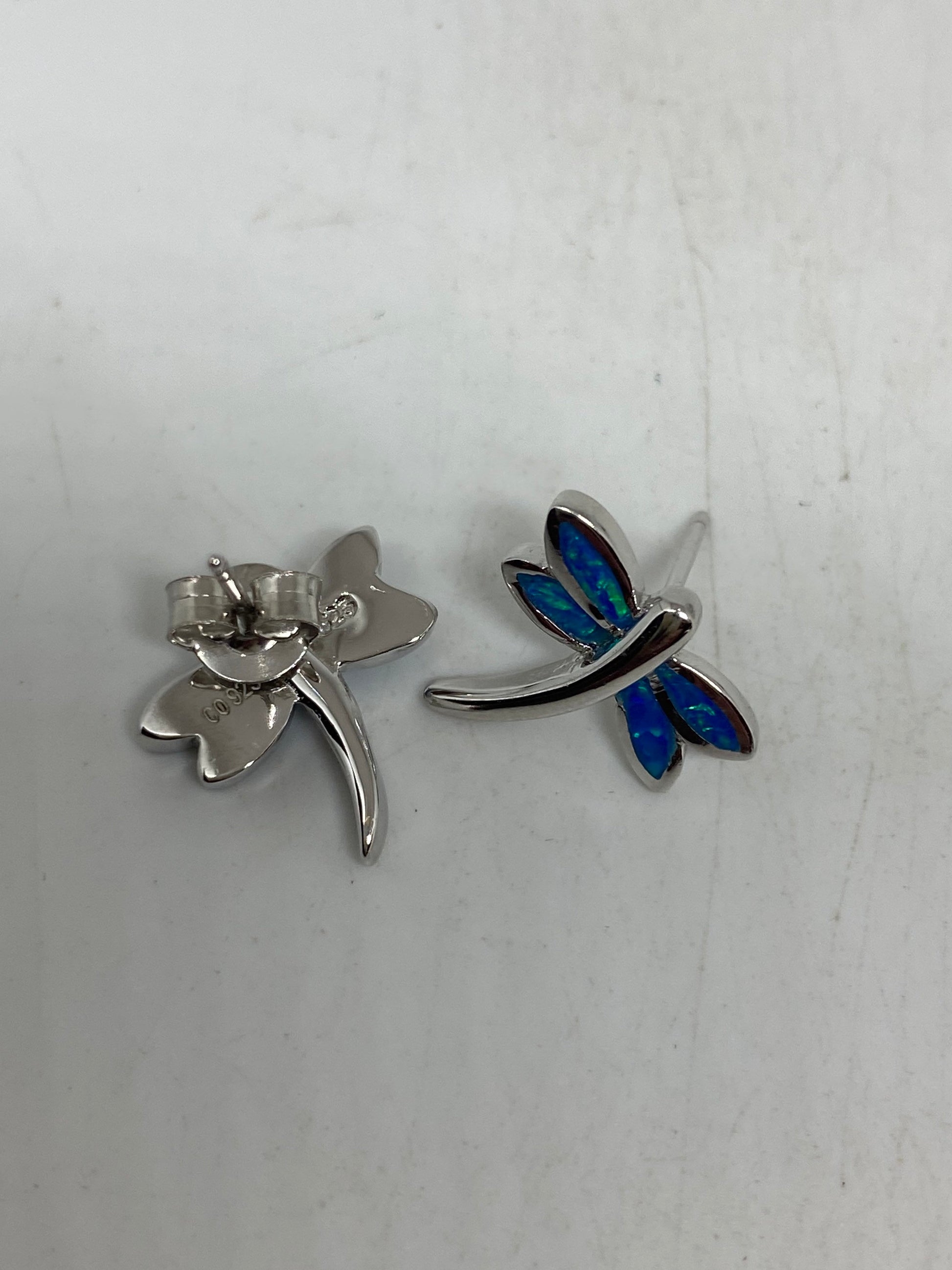 Vintage Blue Opal Dragonfly Earrings 925 Sterling Silver Stud Button