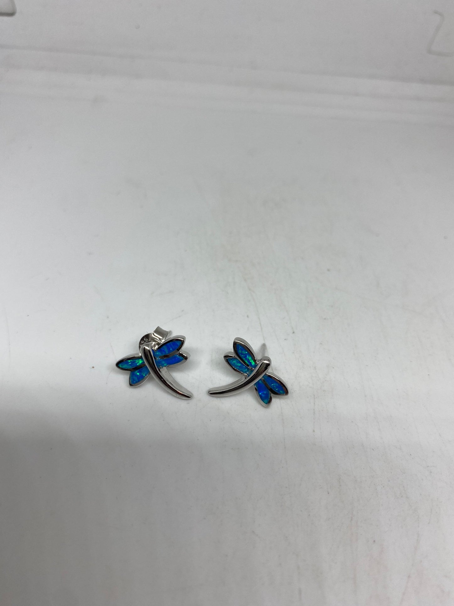 Vintage Blue Opal Dragonfly Earrings 925 Sterling Silver Stud Button