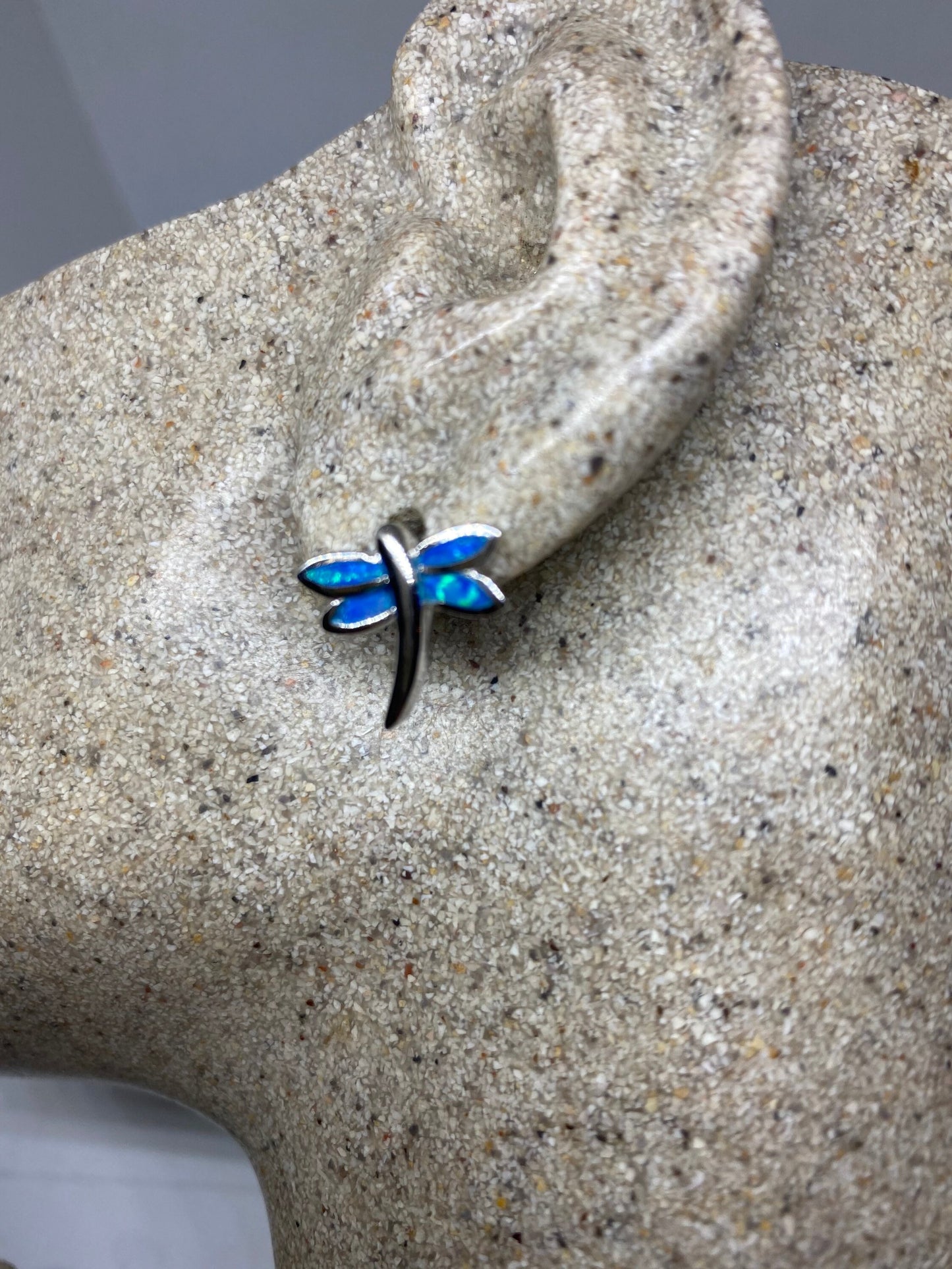 Vintage Blue Opal Dragonfly Earrings 925 Sterling Silver Stud Button