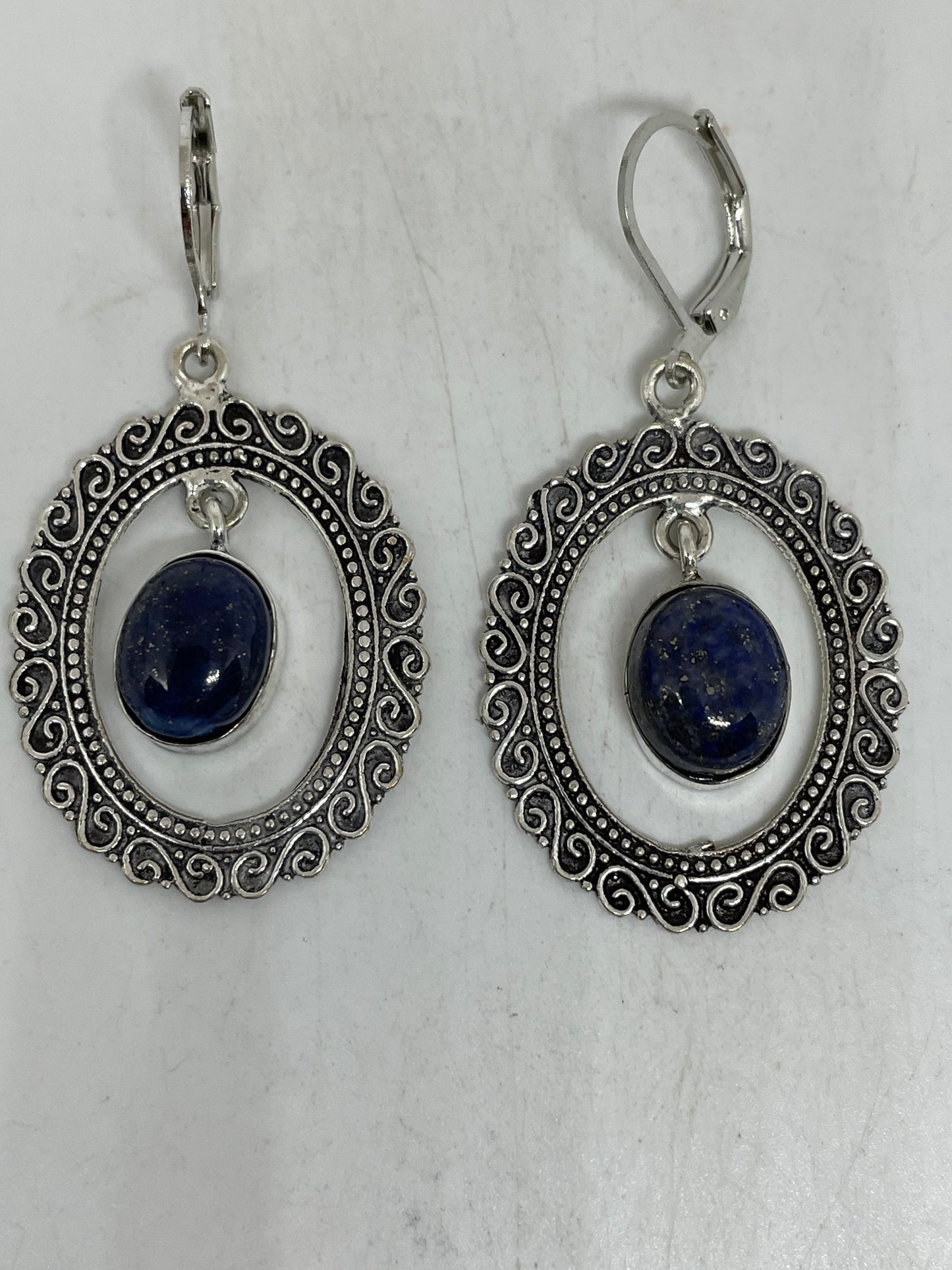 Vintage Blue Lapis Lazuli Earrings Silver Dangle