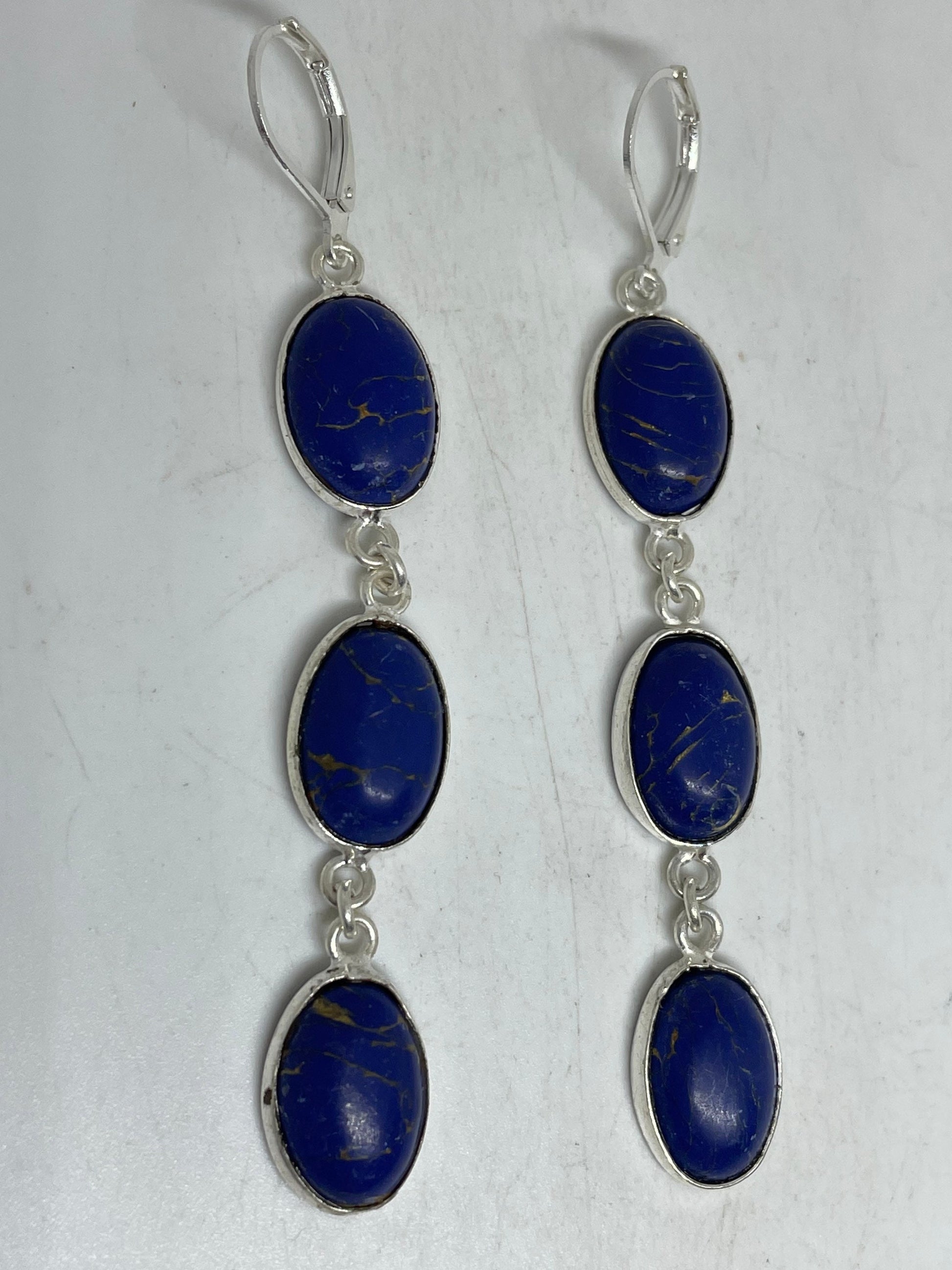 Vintage Blue Lapis Lazuli Earrings Silver Dangle