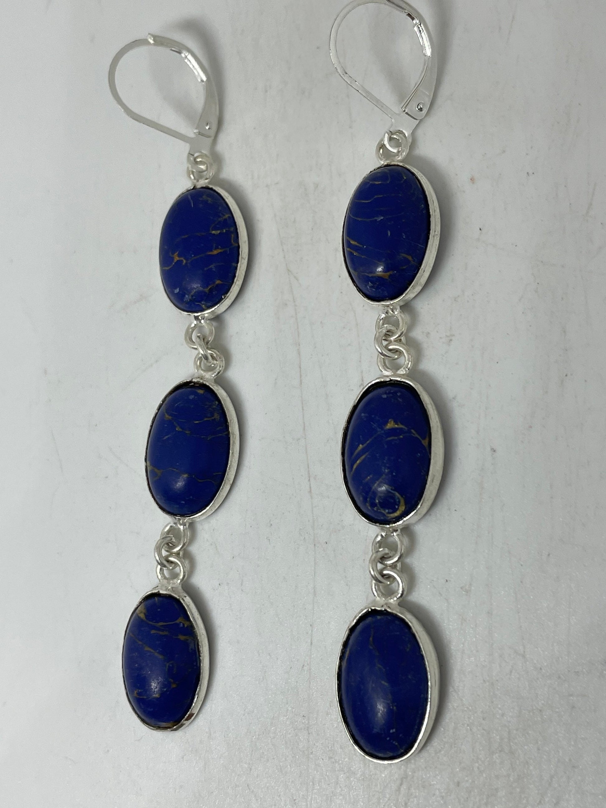 Vintage Blue Lapis Lazuli Earrings Silver Dangle