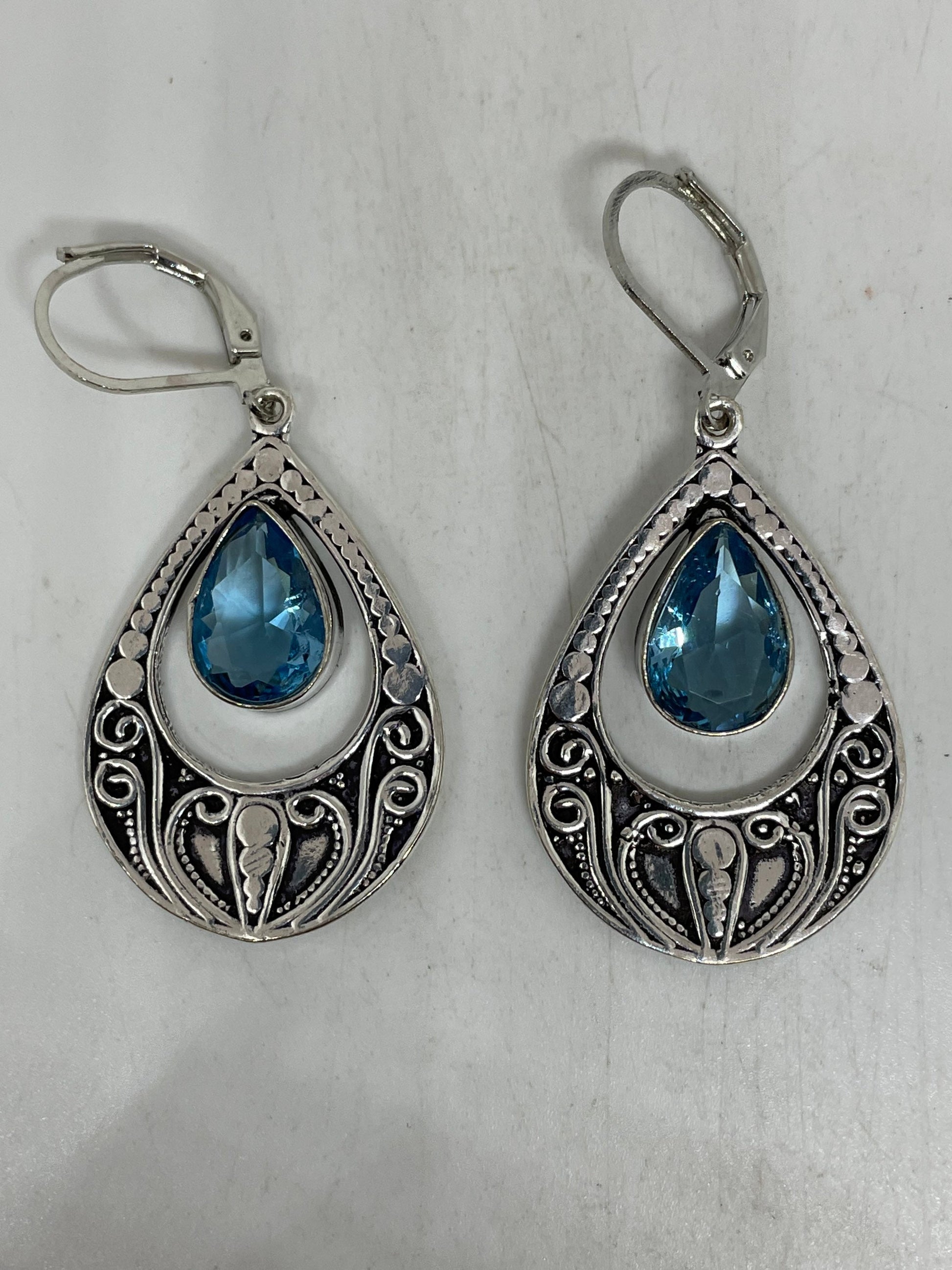 Vintage Genuine Blue Topaz 925 Sterling Silver Lever Back Earrings