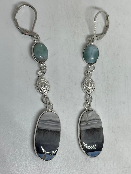 Vintage Sterling Silver Blue Turquoise Larimar and Agate Earrings