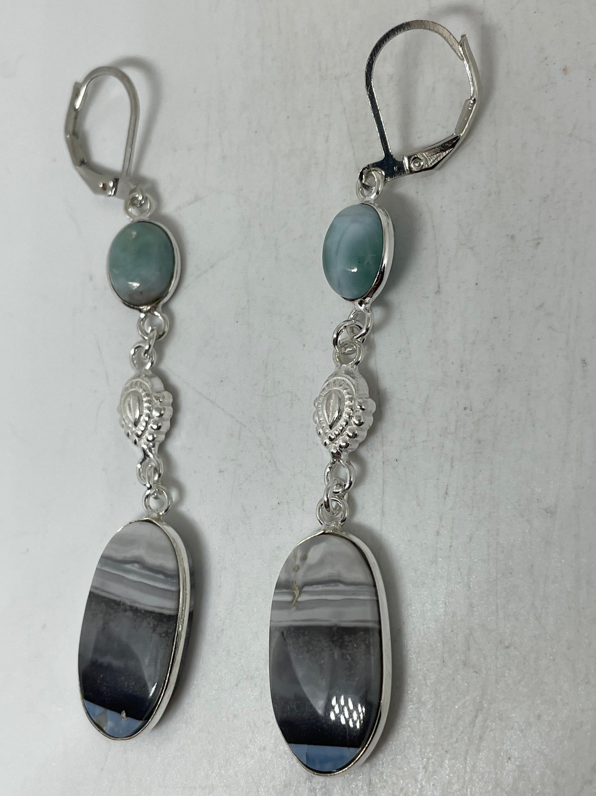 Vintage Sterling Silver Blue Turquoise Larimar and Agate Earrings