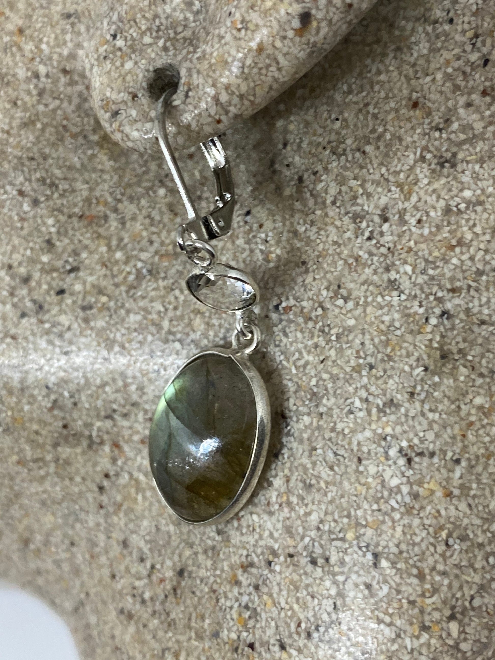 Vintage Green Labradorite Dangle Earrings 925 Sterling Silver Lever Backs