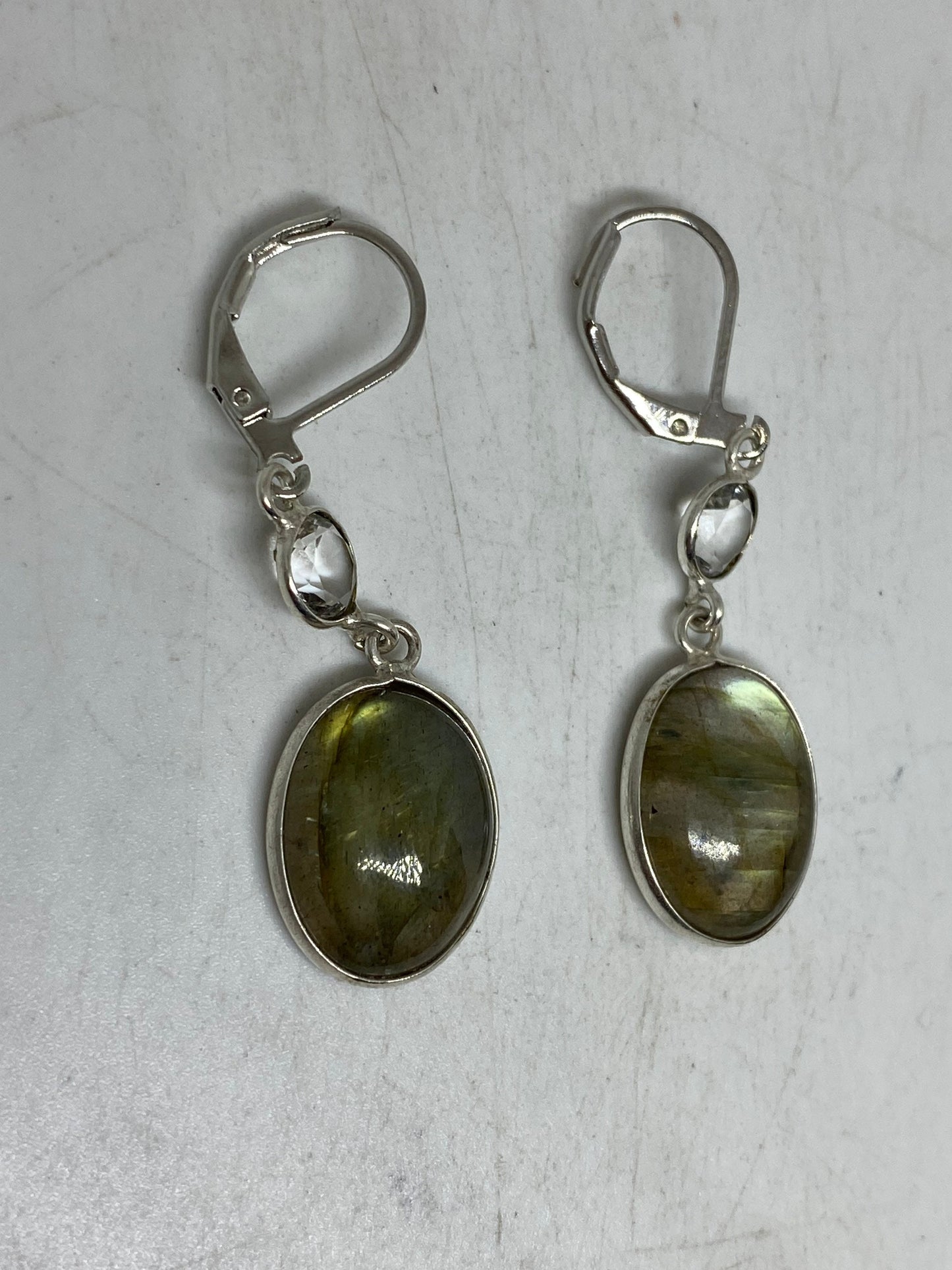 Vintage Green Labradorite Dangle Earrings 925 Sterling Silver Lever Backs