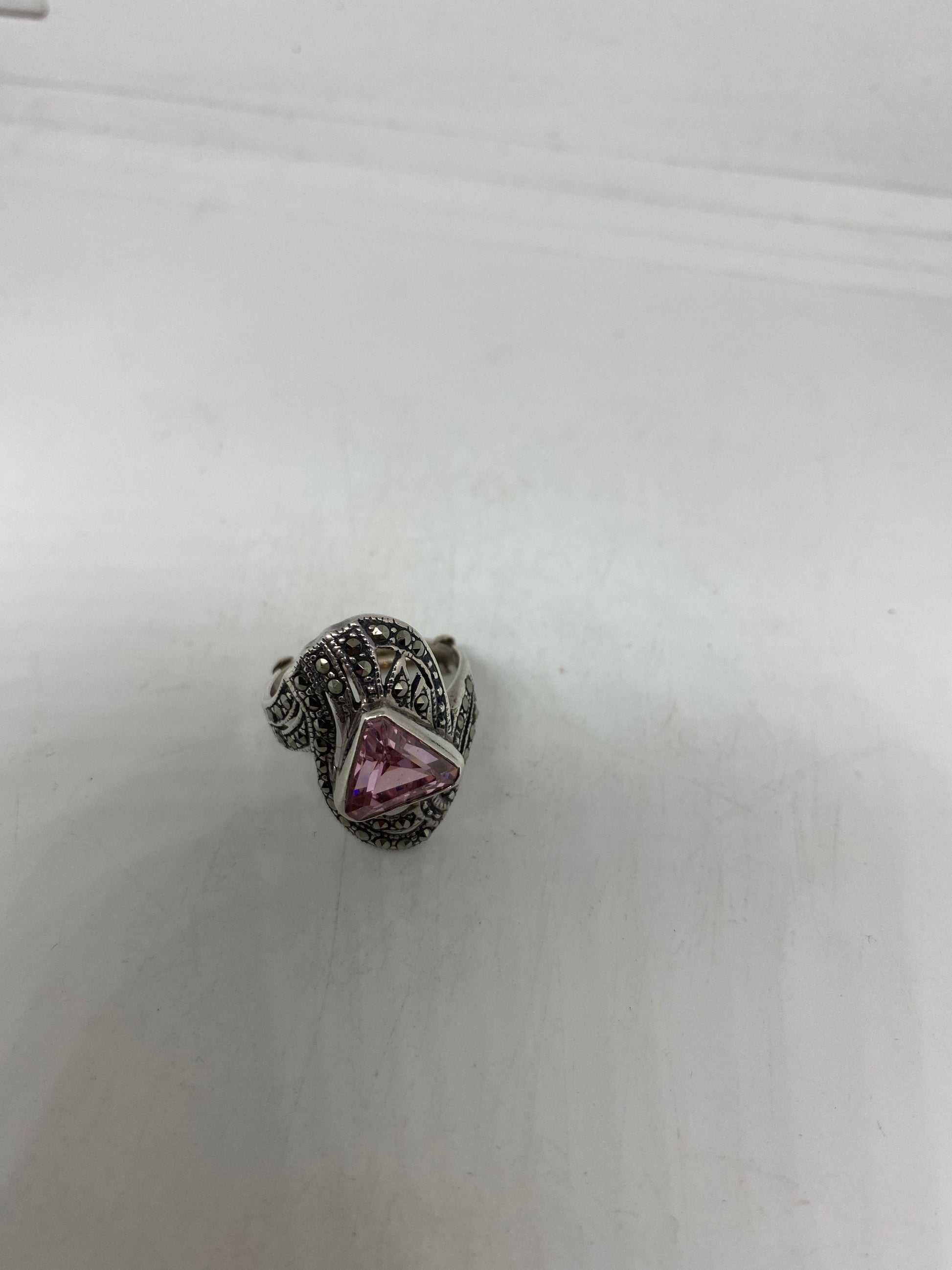 Vintage Pink CZ 925 Sterling Silver Cocktail Ring Size 6.25