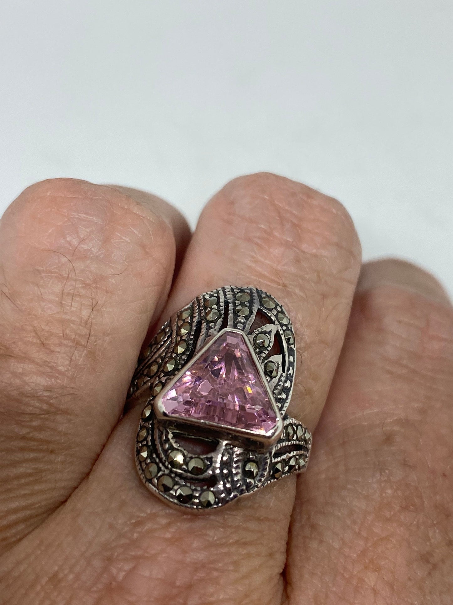 Vintage Pink CZ 925 Sterling Silver Cocktail Ring Size 6.25