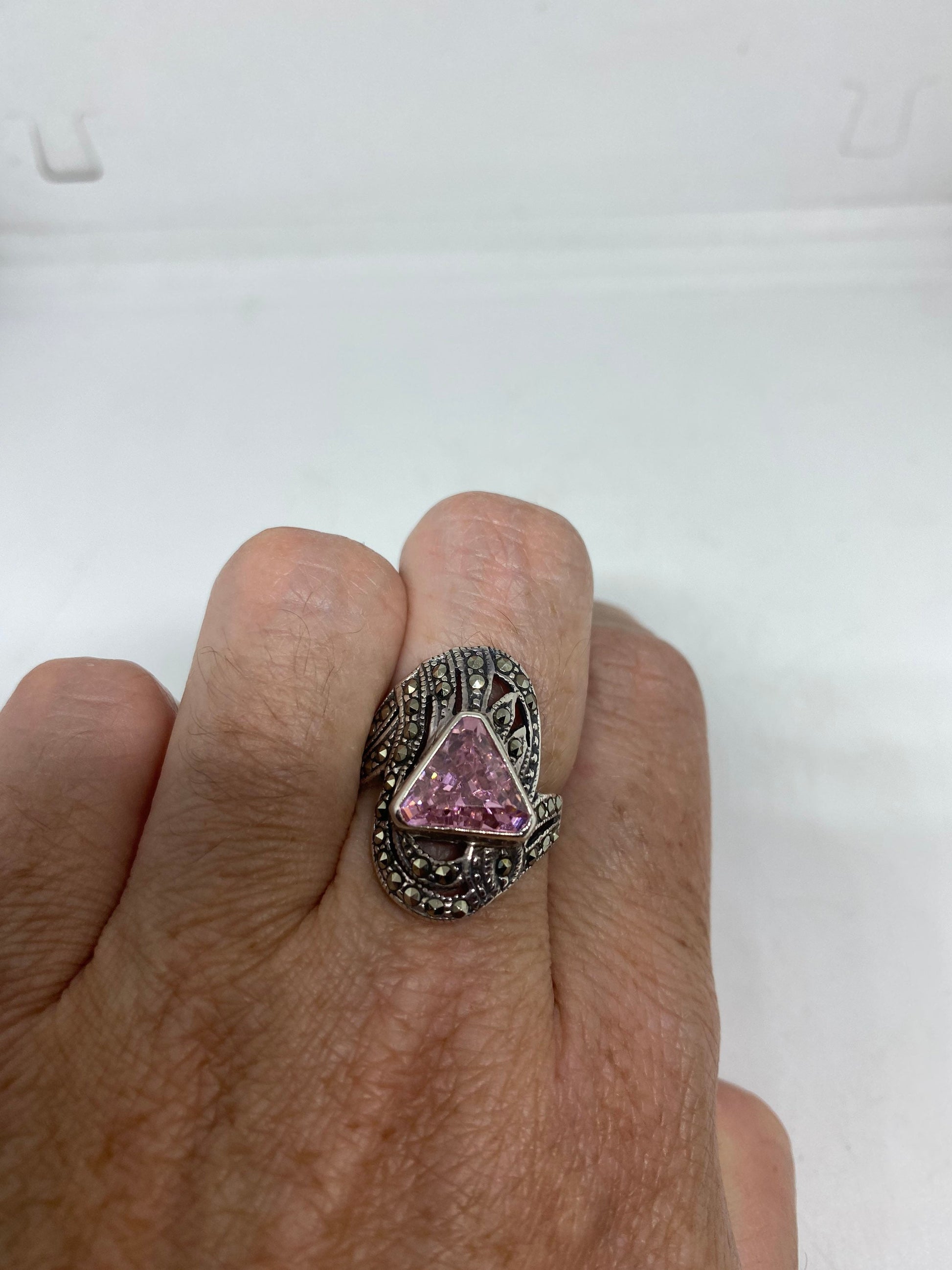 Vintage Pink CZ 925 Sterling Silver Cocktail Ring Size 6.25