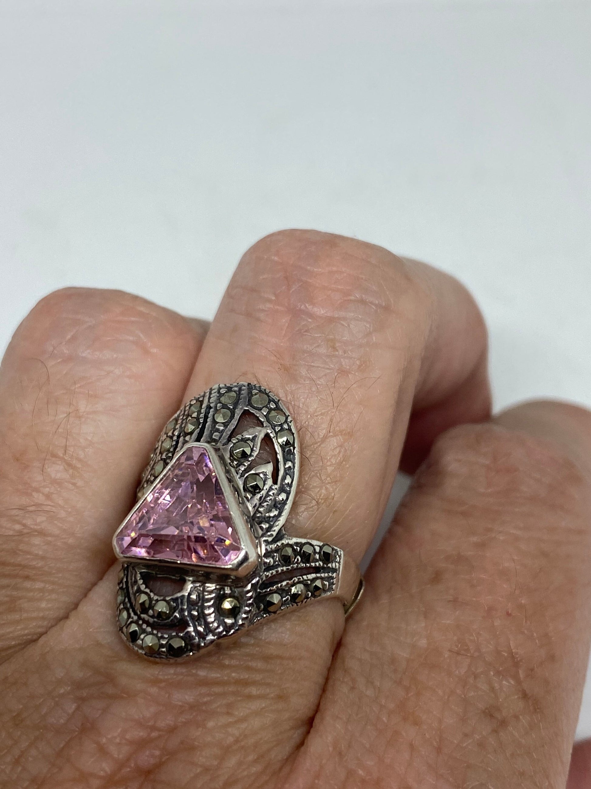 Vintage Pink CZ 925 Sterling Silver Cocktail Ring Size 6.25