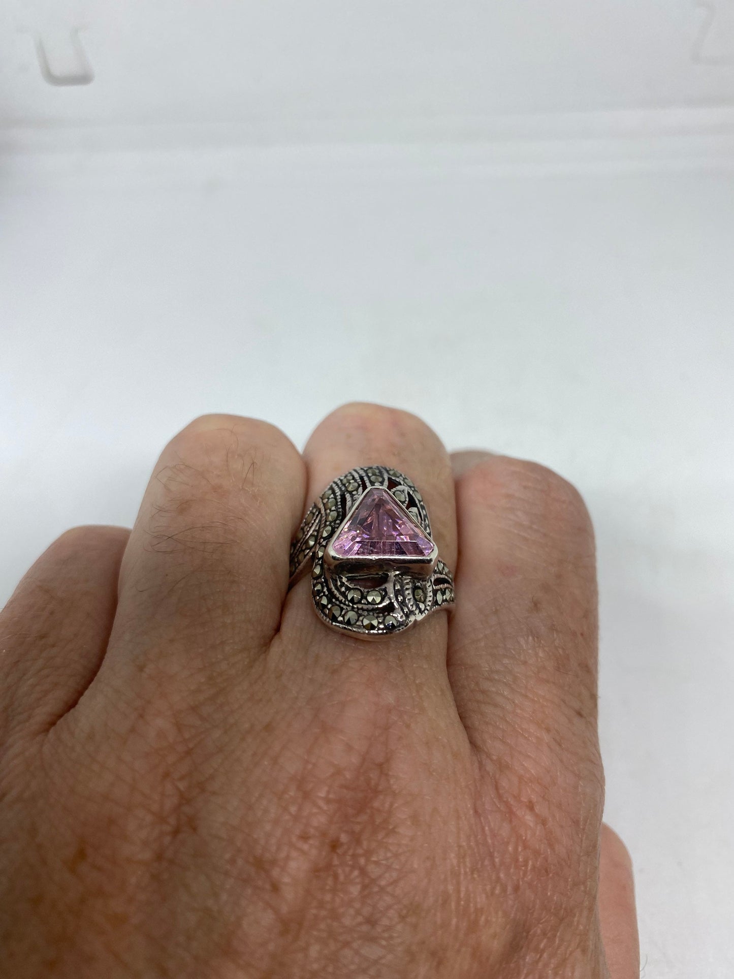 Vintage Pink CZ 925 Sterling Silver Cocktail Ring Size 6.25