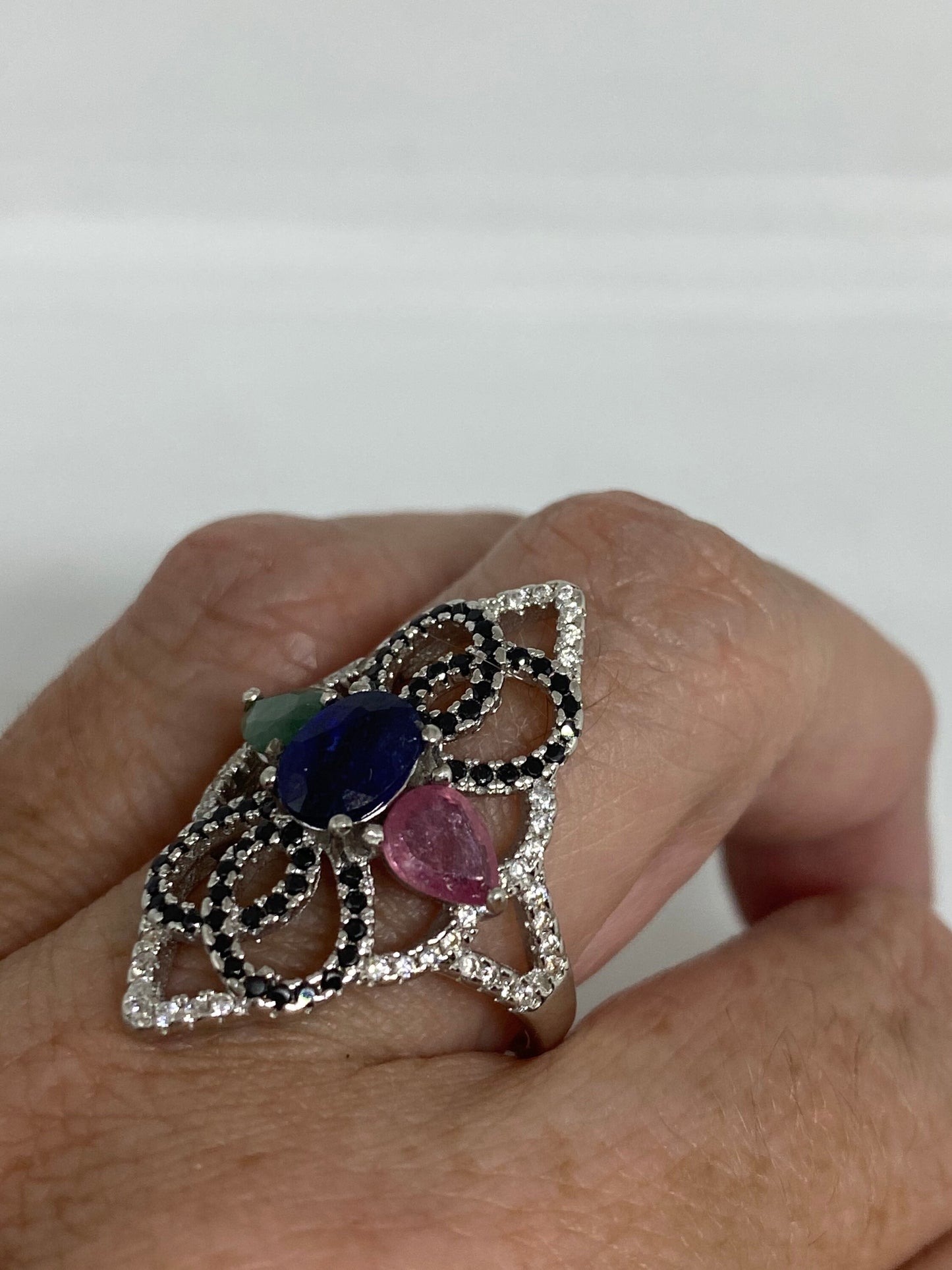 Vintage Green Emerald Ruby and Sapphire 925 Sterling Silver Ring Size 7