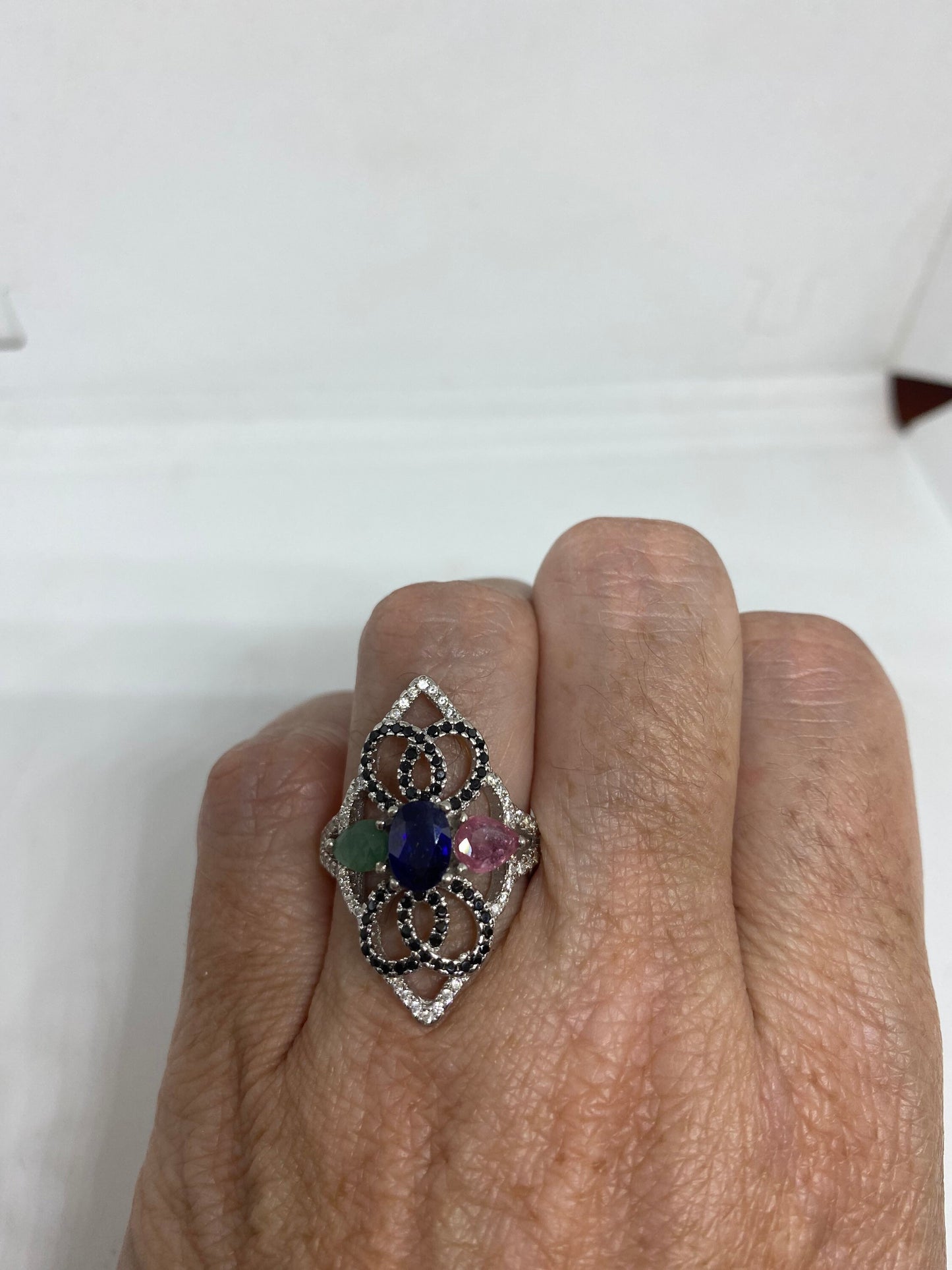 Vintage Green Emerald Ruby and Sapphire 925 Sterling Silver Ring Size 7