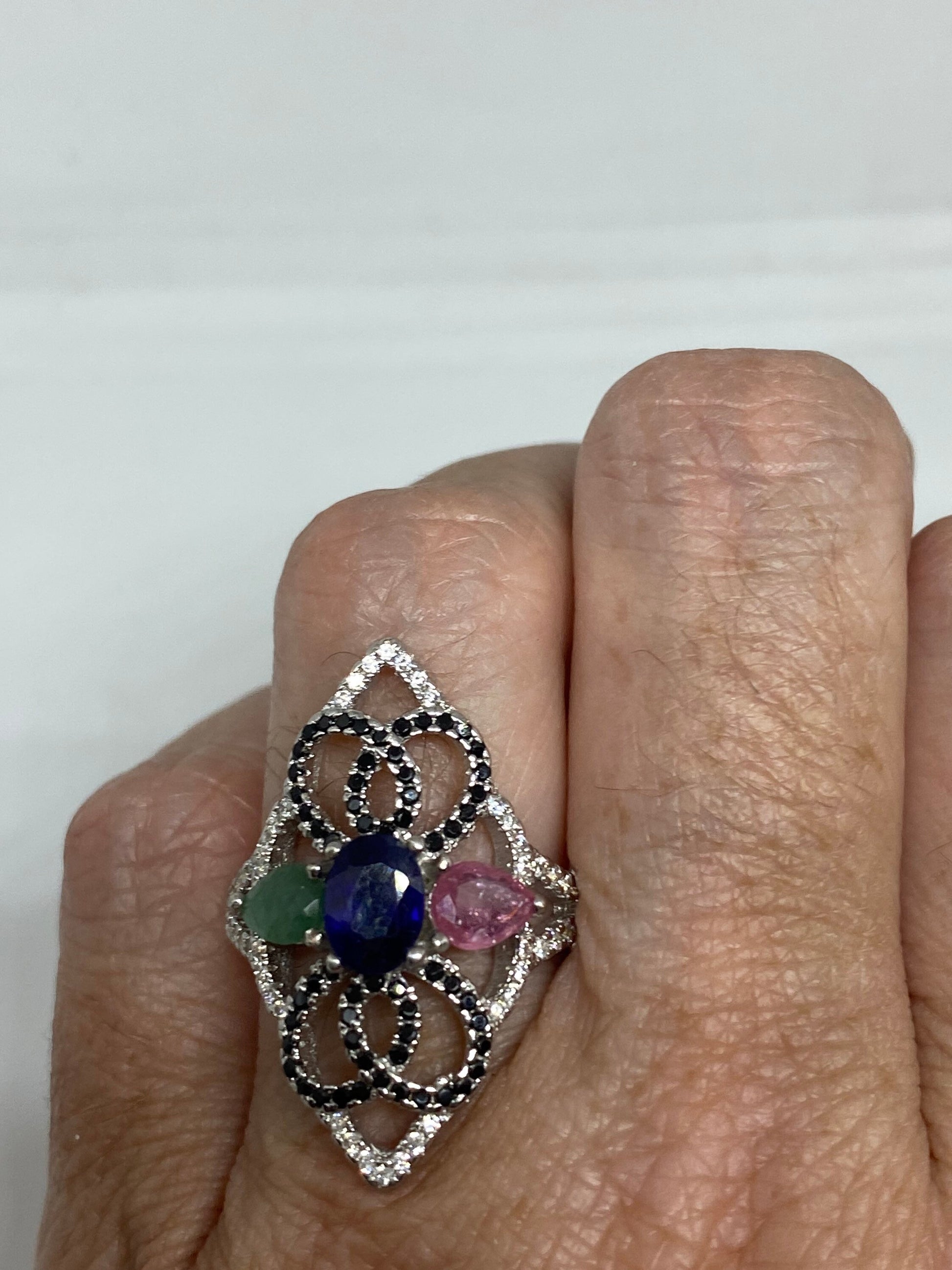 Vintage Green Emerald Ruby and Sapphire 925 Sterling Silver Ring Size 7