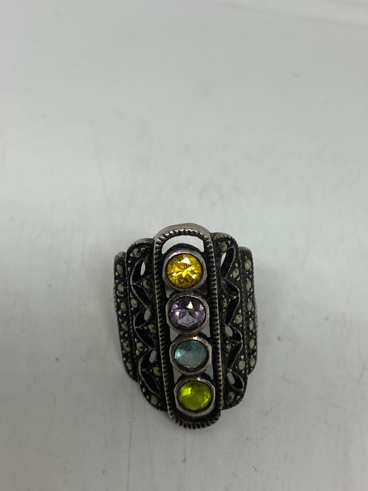 Vintage Mixed Genuine Gemstones 925 Sterling Silver Ring